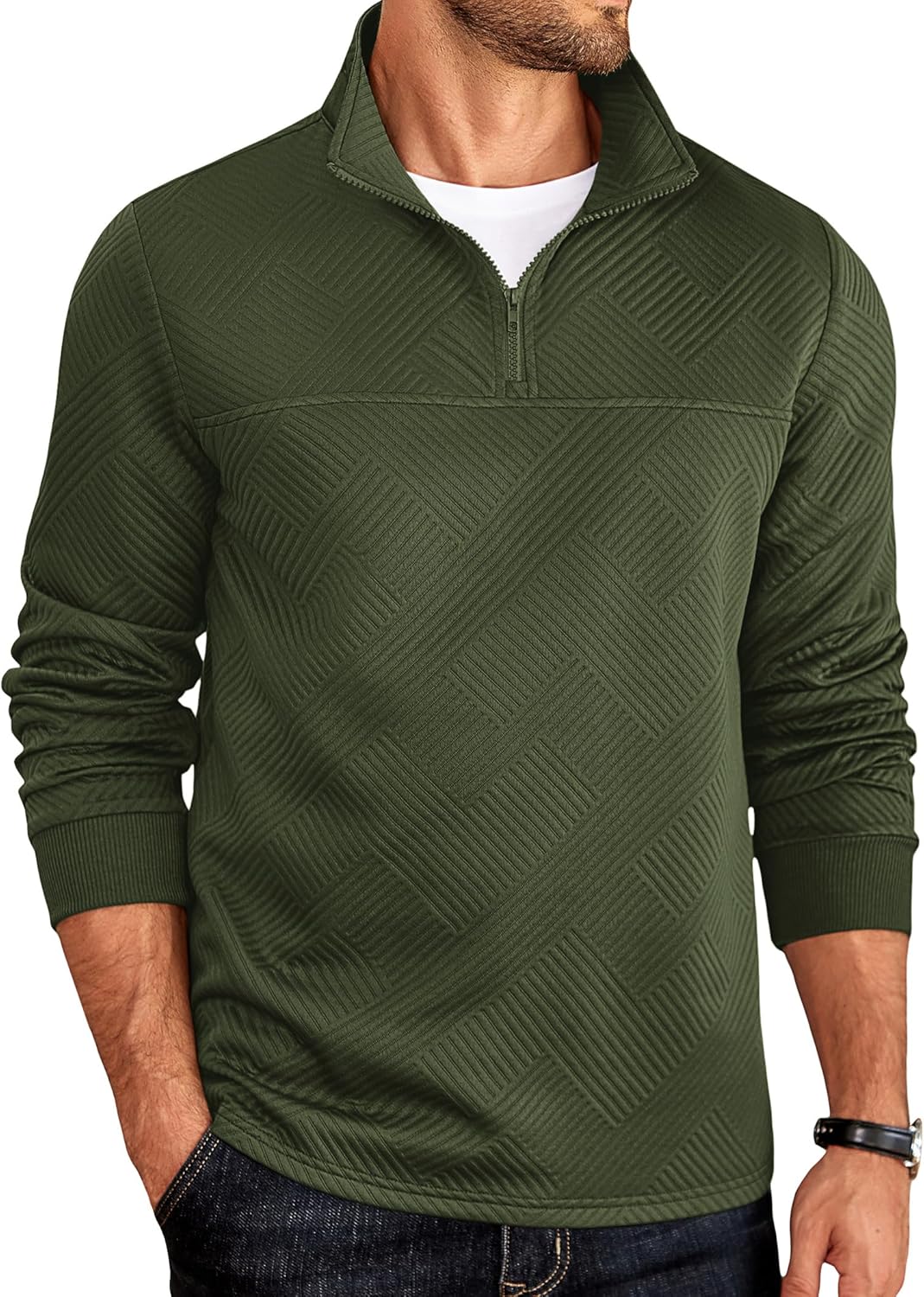 COOFANDY Men's Quarter Zip Pullover Lightweight Textured Sweatshirt Long Sleeve Casual Mock Neck Polo Shirts