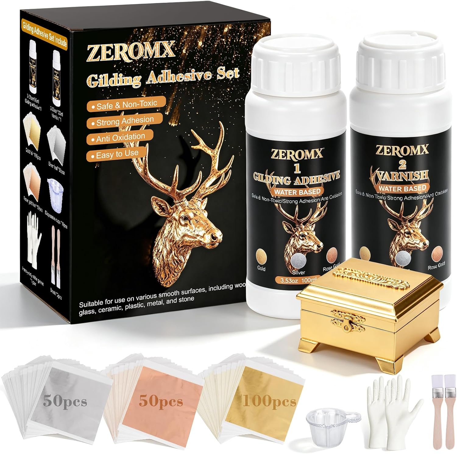 Gold Leaf Adhesive, with 200pcs Gold/Silver/Rose Gold Leaf Sheets | Gold Leaf Gilding Adhesive Set, 100ml Water Based Glue and 100ml Varnish, All-in-One for DIY Furniture, Crafts & Home Decor