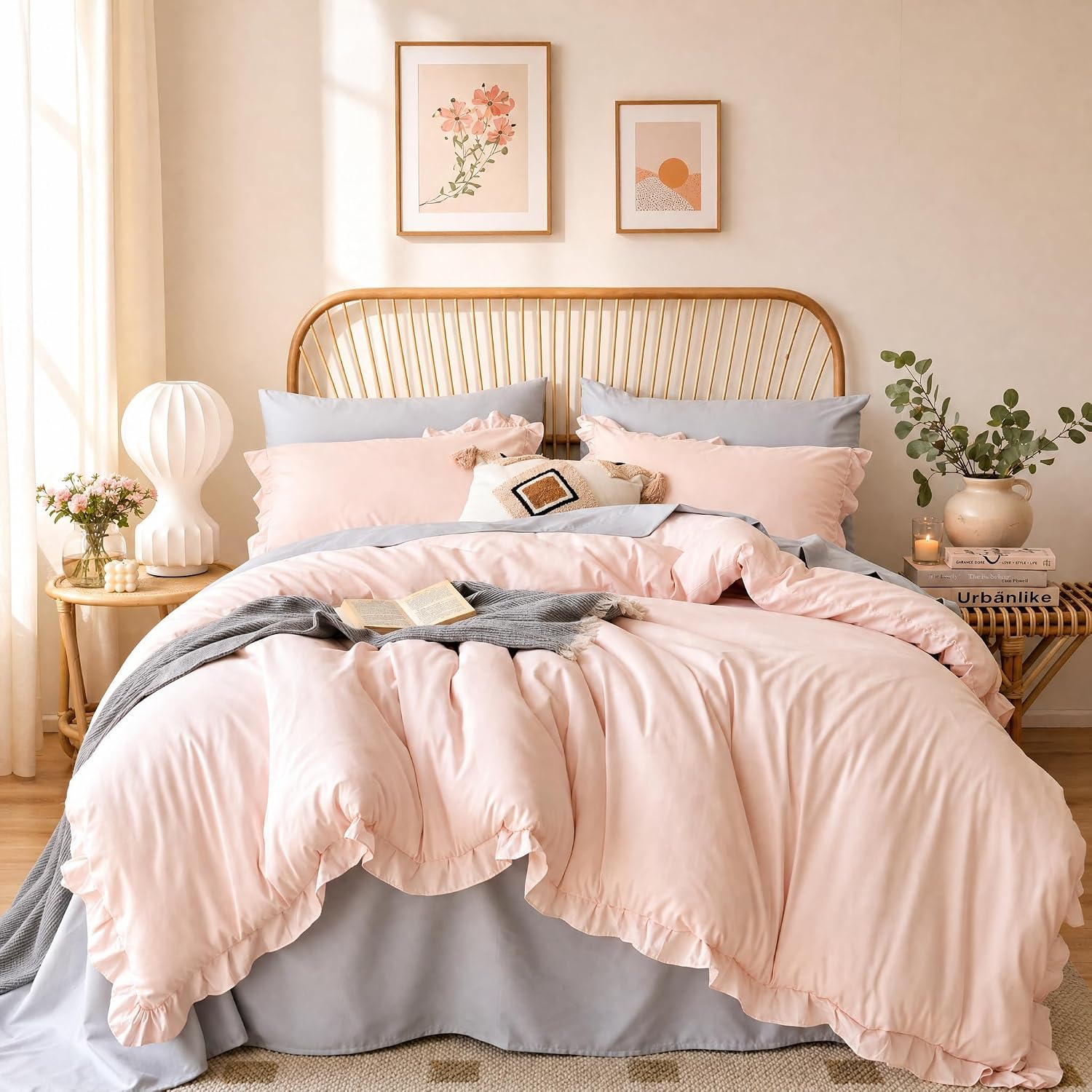JANZAA Blush Pink Comforter Set Queen – Soft Microfiber, Lightweight All Season Bedding, Ruffle Shabby Chic Aesthetic, Breathable Cozy Bed Set with 2 Pillow Shams, Machine Washable | microfiber bed se