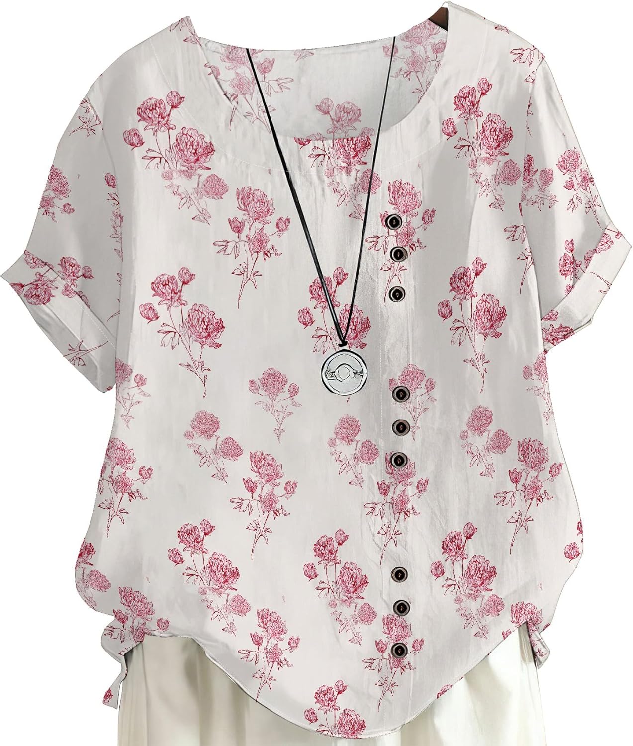 Womens Boho Tops Casual Roll Up Short Sleeve Crewneck Loose Fit T-Shirt Trendy Cute Floral Print Blouse 2025 Summer