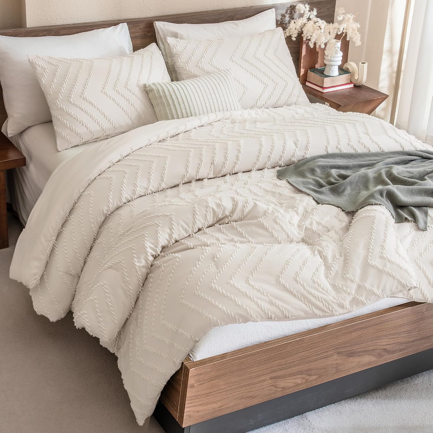 California King Comforter Set Beige, 3 Pieces Cal King Boho Bed Set | Cream Soft Warm Neutral Comforter Sets, Cali King Aesthetic Chevron Farmhouse Cute Bohemian Textured Bedding Set
