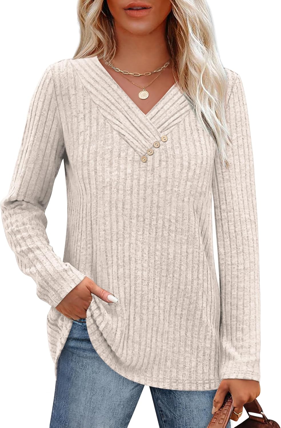 SAMPEEL Sweaters for Women Long Sleeve Shirts V Neck Tops with Buttons Fall Fashion Outfits Winter Clothing 2025