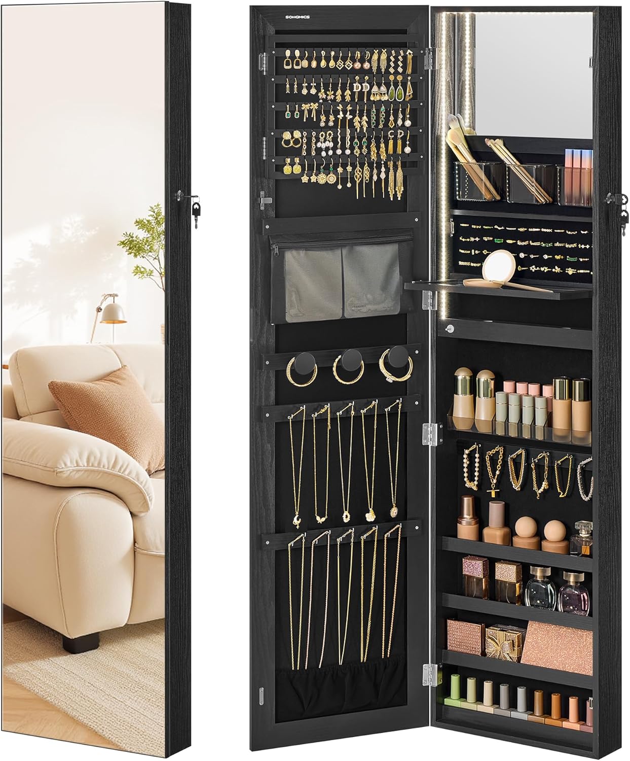 SONGMICS 55 Inches Tall Spacious Jewelry Cabinet, Jewelry Armoire with Light-Up Interior Mirror, Wall or Door Mounted Jewelry Storage Organizer, Lockable, Gift Idea, Black UJJC032BZ01