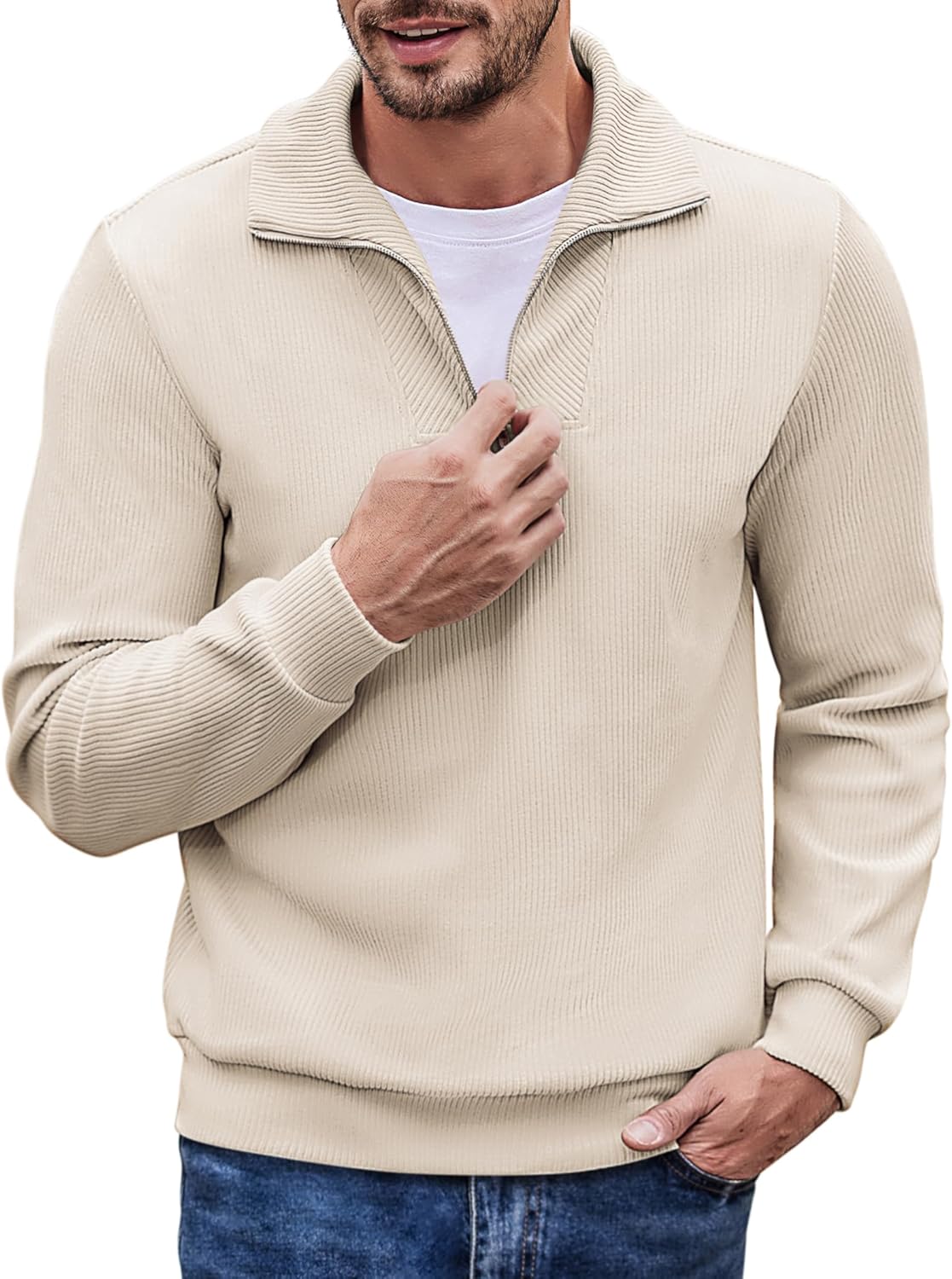 COOFANDY Men's Quarter Zip Up Pullover Mock Neck Long Sleeve Sweater Casual Corduroy Polo Sweatshirt