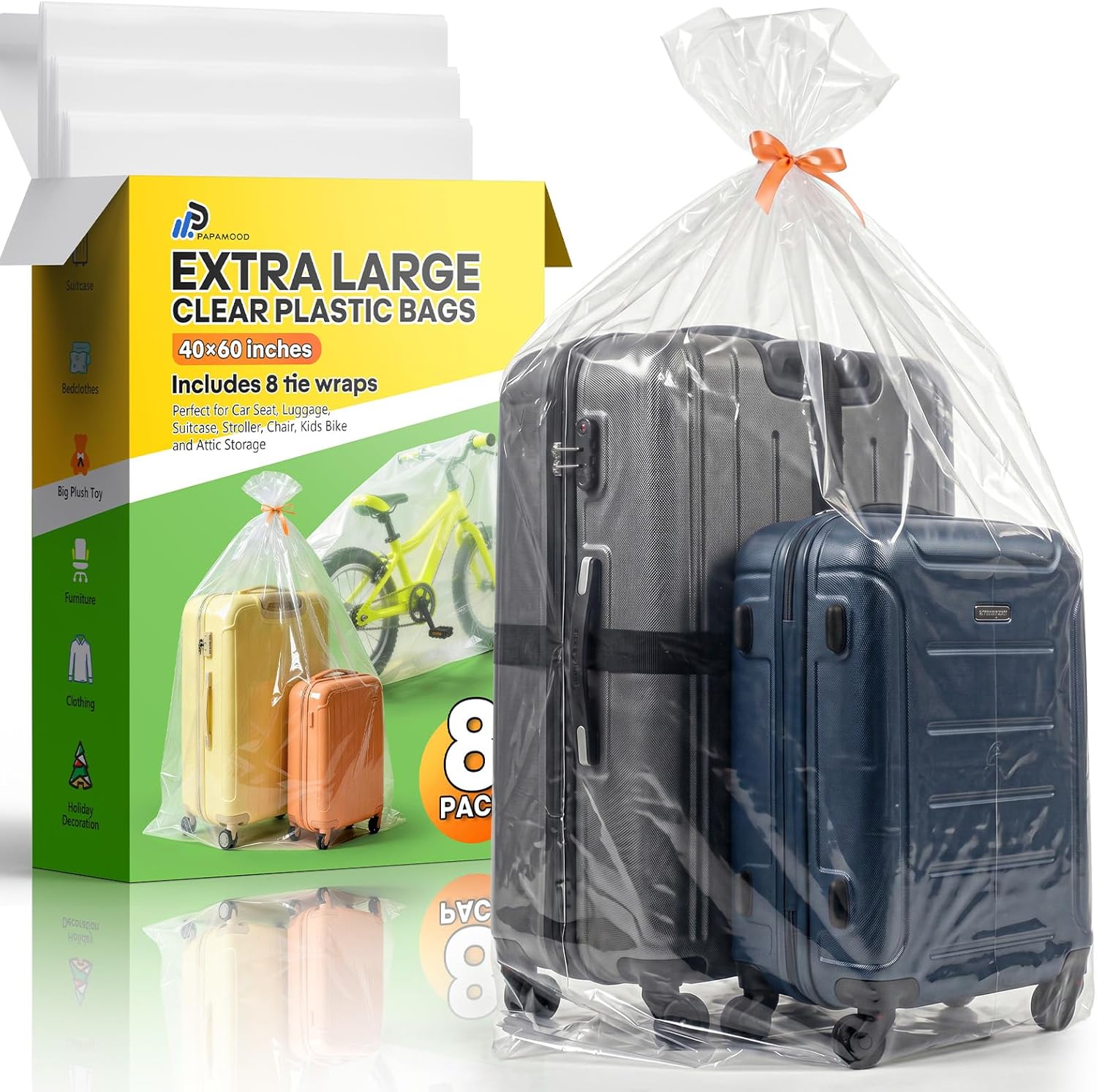40x60 Inch Extra Large Clear Plastic Storage Bag for Luggage Cover, 8 Pack | 2 Mil Thick Poly Flat Bags for Suitcase/Rug/Car Seat/Stroller/Chair/Xmas Tree Cover, Attic Basement Garage Storage Moving B