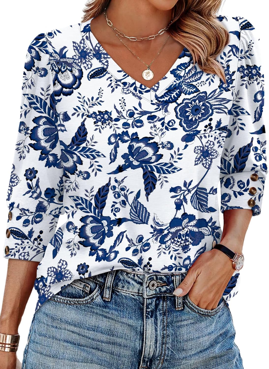 XIEERDUO Womens 3/4 Sleeve Tops with Buttons V-Neck Summer Outfits Casual Blouses Shirts Beach Vacation Fall Clothes 2026