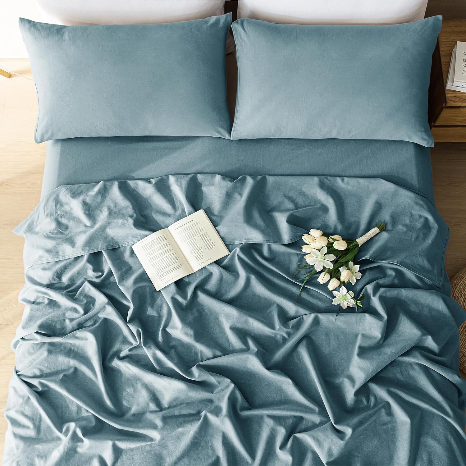 100% Linen Sheets Queen Size 4 Piece - Washed Natural Flax Bedding Set, Ultra Breathable Soft Durable Flat Sheet, Fitted Sheet Set with 16" Deep Pocket, All Season (Blue, King)