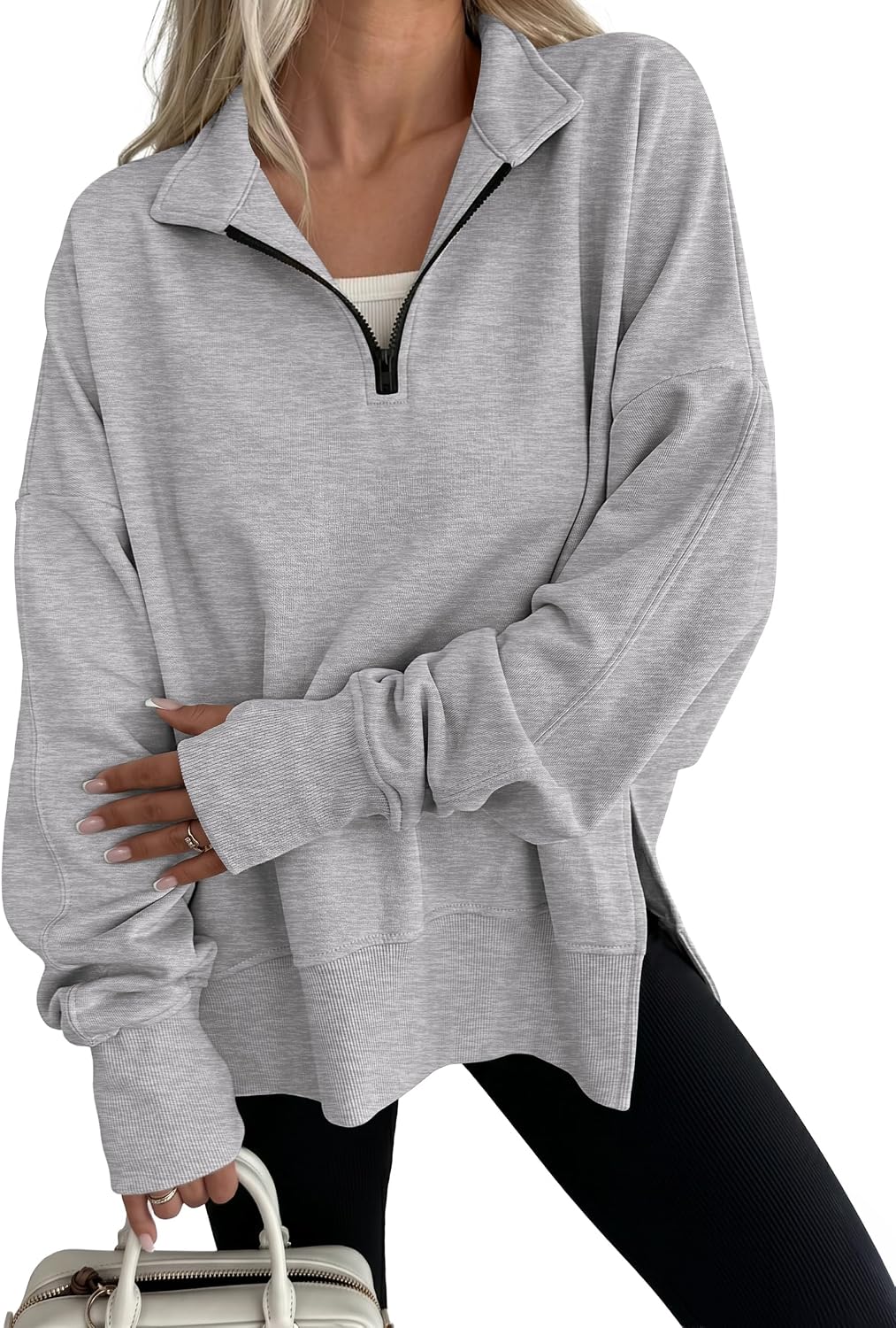 ANRABESS Womens Quarter Zip Pullover Oversized Sweatshirts | Long Sleeve V Neck Zip Up Collared Top, Soft Loose Side Slit Hoodie, Casual Going Out Athleisure Outfits, Fall Winter Clothes