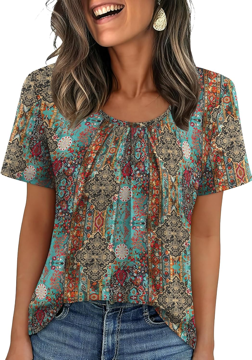 WIHOLL Women T Shirts Pleated Short Sleeve Tops Business Casual Dressy Blouses