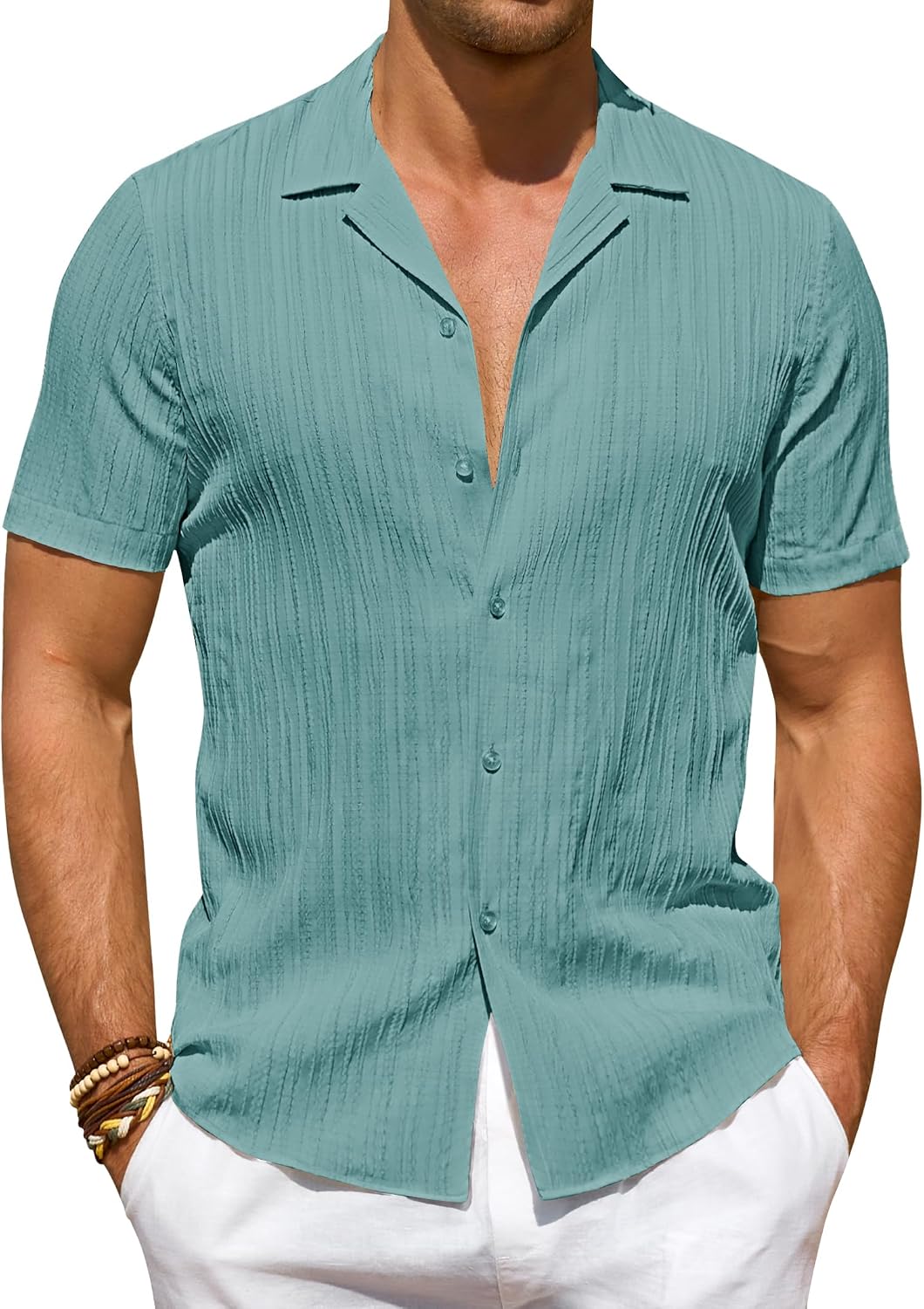 Mens Button Down Short Sleeve Shirt Fashion Summer Beach Casual Shirts | Stretch Fabric, Hawaiian, Textured, Wedding Party, Dating, Untucked, Soft, Solid, Stylish, Cuban Collar, Regular Fit