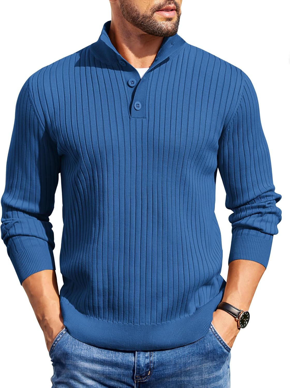 COOFANDY Mens Quarter Button Sweater Long Sleeve Stand Collar Sweaters Casual Knitted Ribbed Dress Pullover