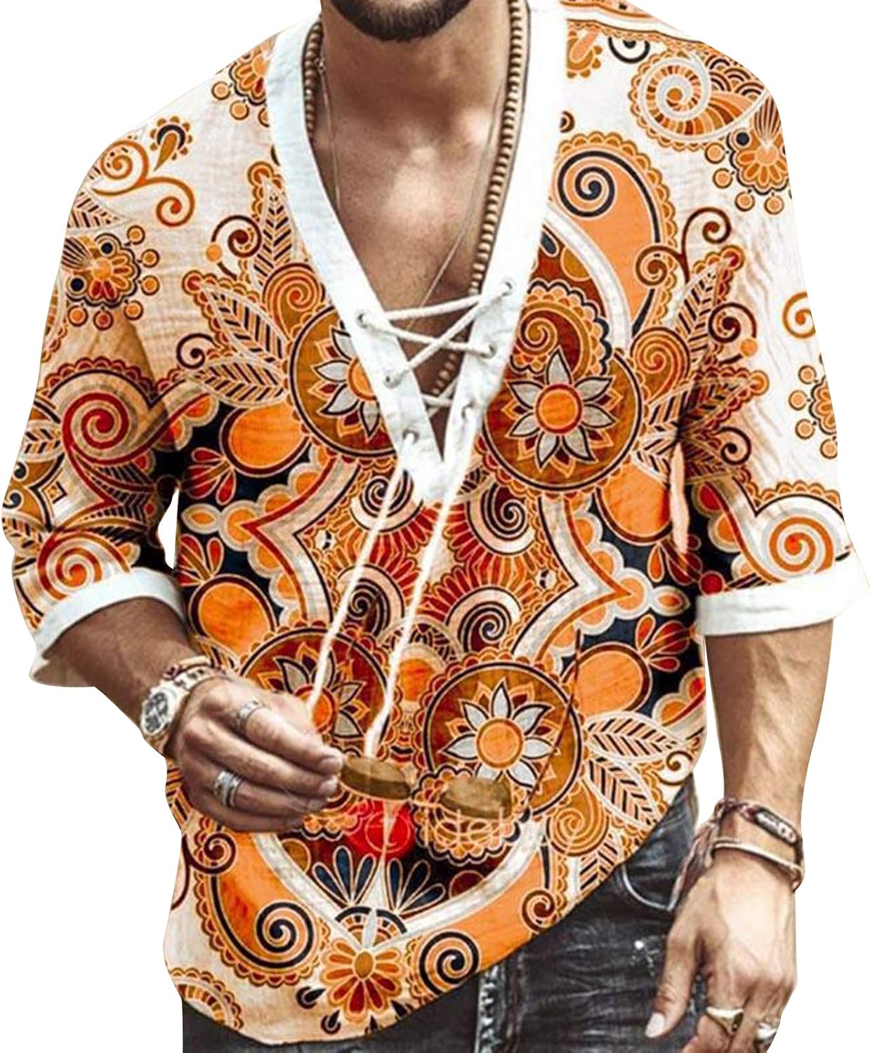 Men's Fashion Shirt Short Sleeve Beach V-Neck Drawstring Printing Yoga African Summer Top