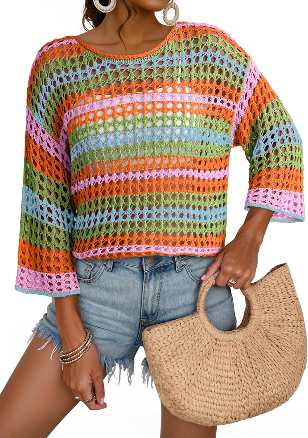 Dokotoo Womens Summer Fall 3/4 Sleeve Crochet Sweater Hollow Out Color Block Striped Tops Casual Beach Vacation Cover Ups