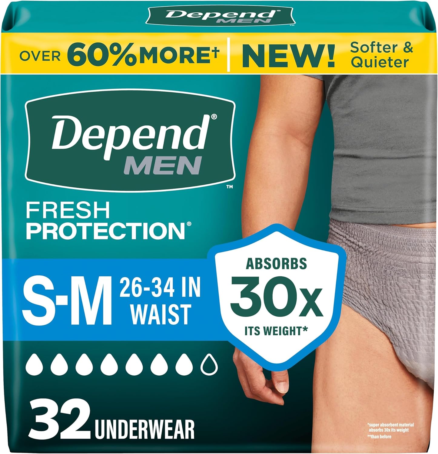 Depend Fresh Protection Adult Diapers, Incontinence Underwear for Men, Disposable, Maximum, Small/Medium, Grey, 32 Count, Packaging May Vary