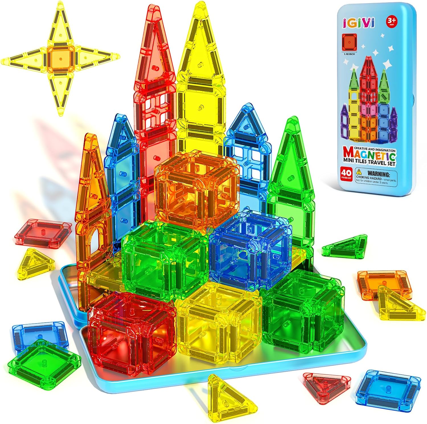 Mini Magnetic Tiles Travel Set with Case, STEM Kids Toys for Ages 3-5 4-8 | Portable Magnetic Toys for Kids Ages 3+, Toddler Travel Games for Car Rides & Restaurants, Birthday Halloween Christmas Gift