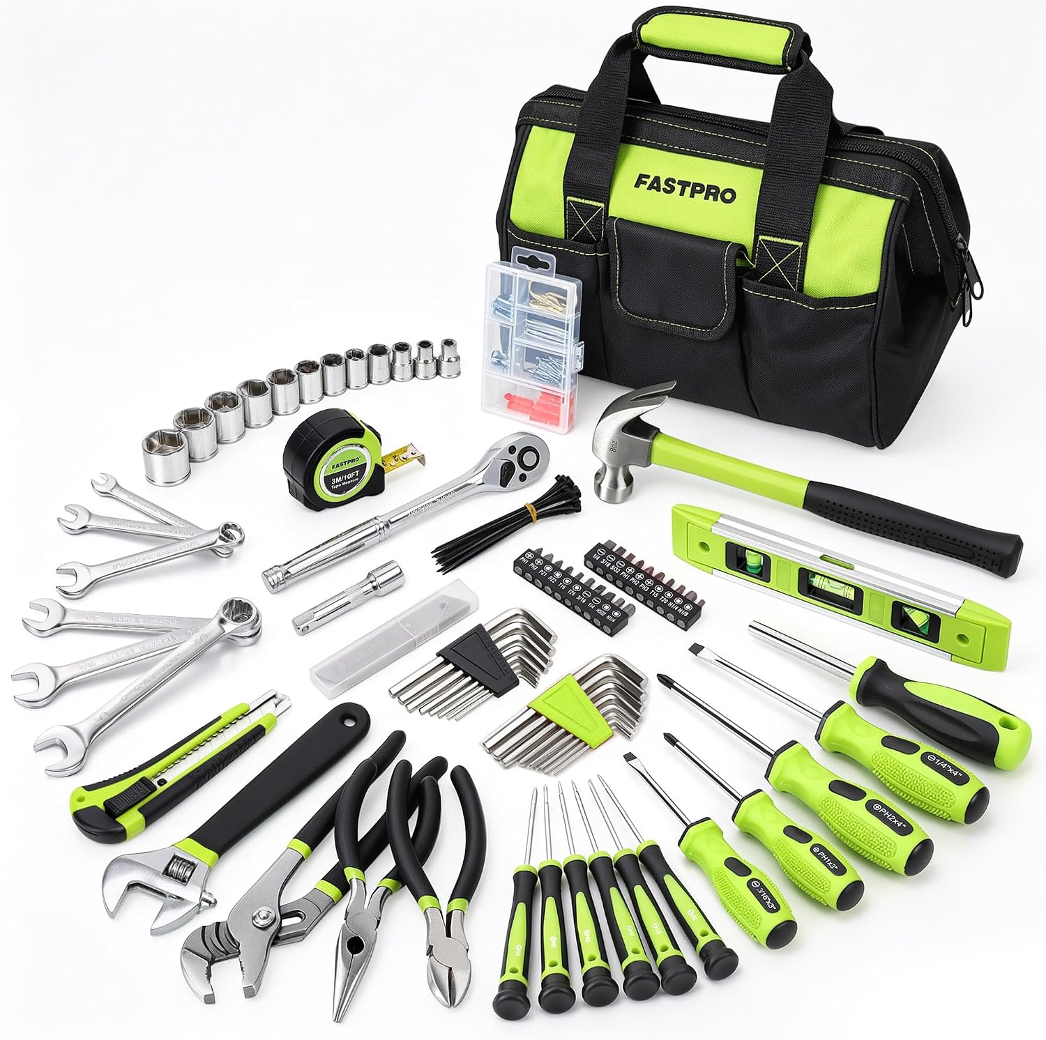 FASTPRO 236-Piece Home Repairing Tool Set, Mechanics Hand Tool Kit with 12-Inch Wide Mouth Open Storage Bag, Household Tool Set for DIY, Home Maintenance, Green