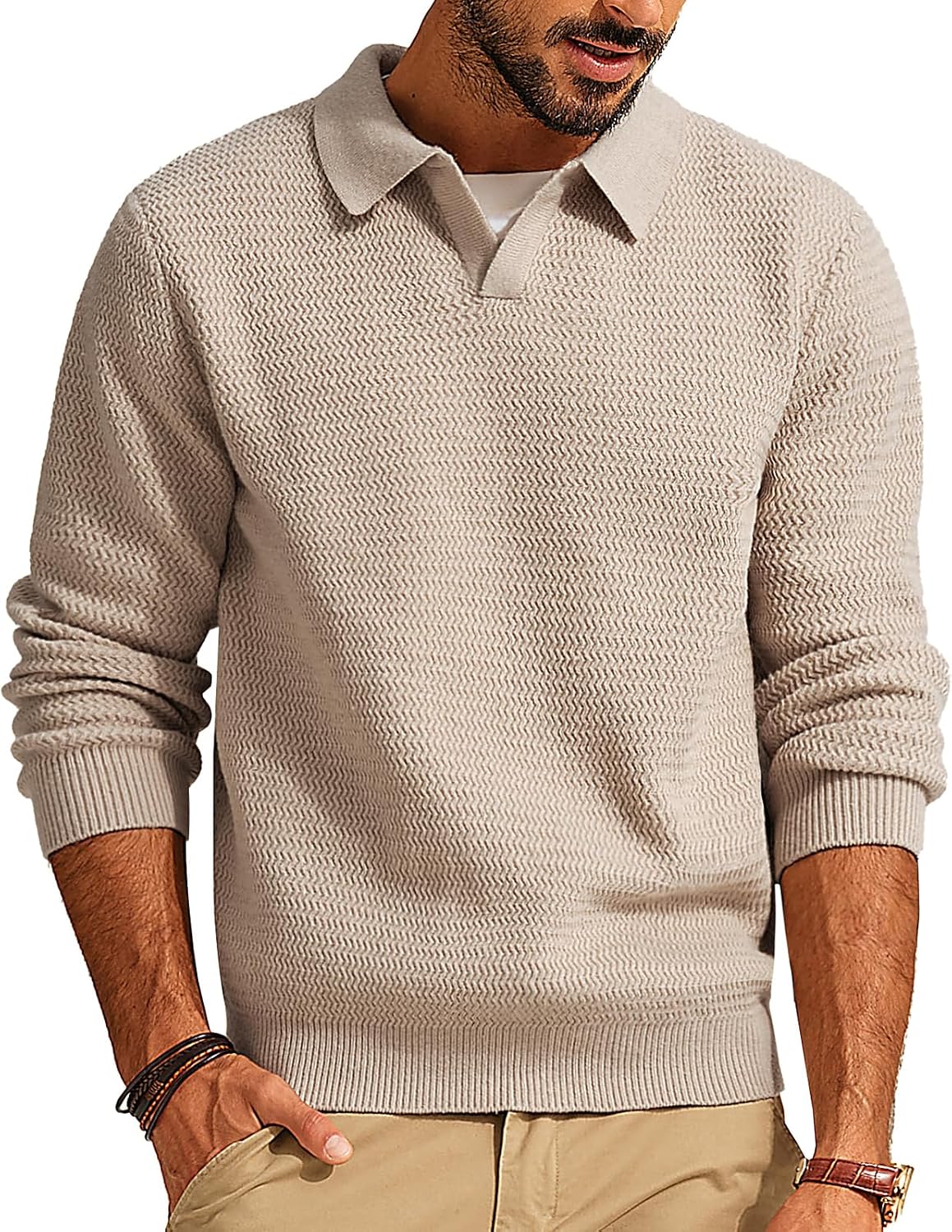 PJ PAUL JONES Mens Sweater V Neck Pullover Sweater Long Sleeve Cable Knit Textured Sweater