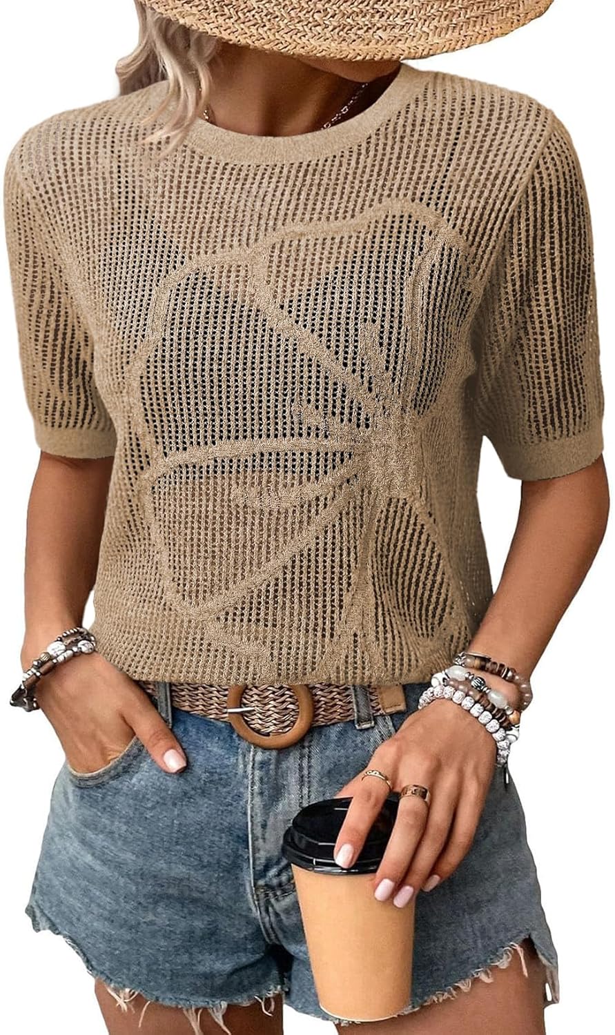 Dokotoo Womens Summer Short Sleeve Crochet Tops Hollow Out Floral Sweaters Beach Vacation Cruise Outfits