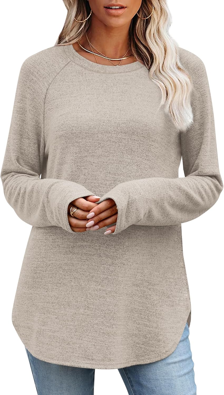 OFEEFAN Long Sleeve Shirts for Women Loose Fit Tunic Tops dressy casual Crew Neck Pullover Sweaters fall Outfits Clothes 2025