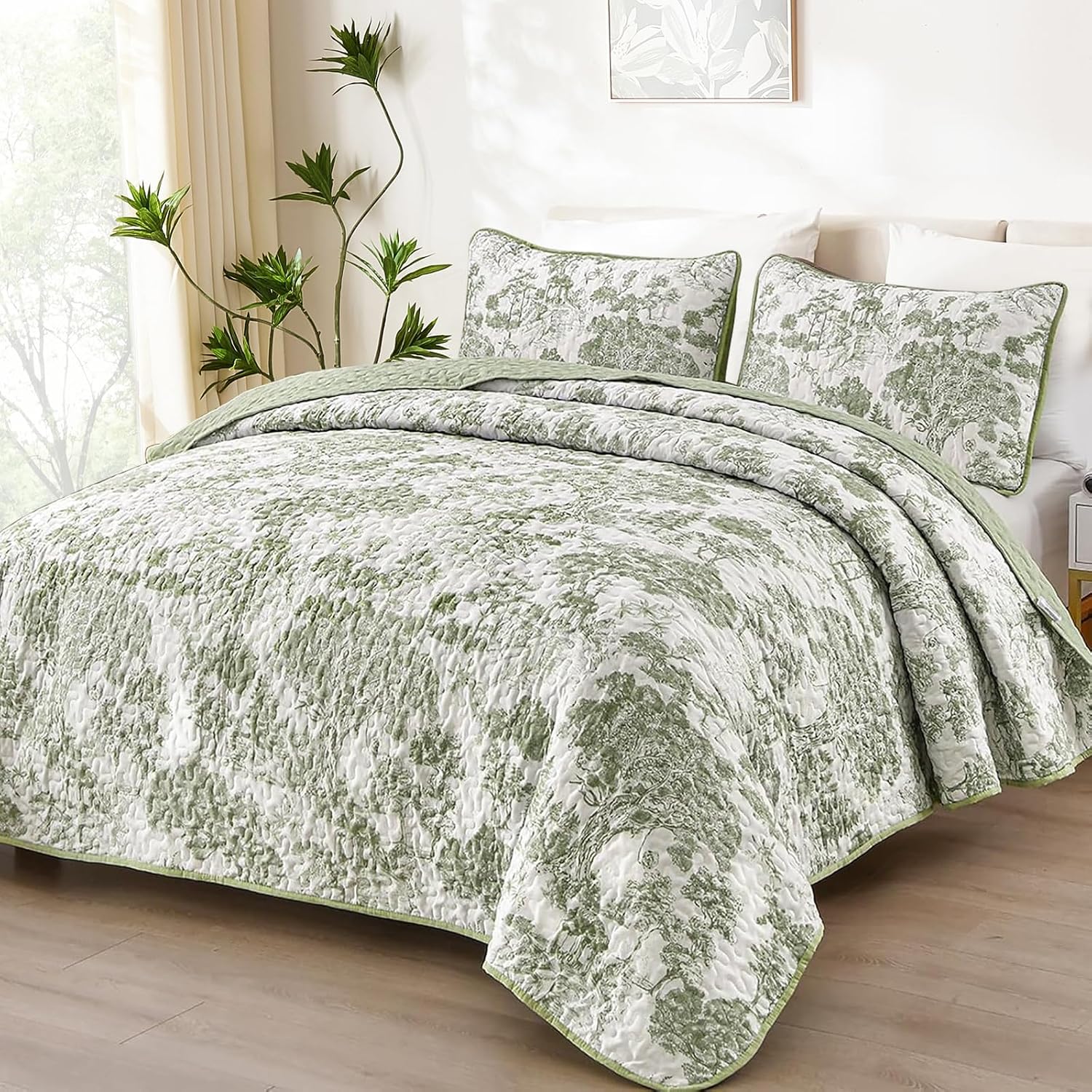 WONGS BEDDING Sage Green Quilt Set Queen Size, Botanical Floral Bedspresd | 3 Pieces Reversible Floral Toile Plants Printed Bedding for Bed, Soft Lightweight Coverlet for All Season (96''x90'')
