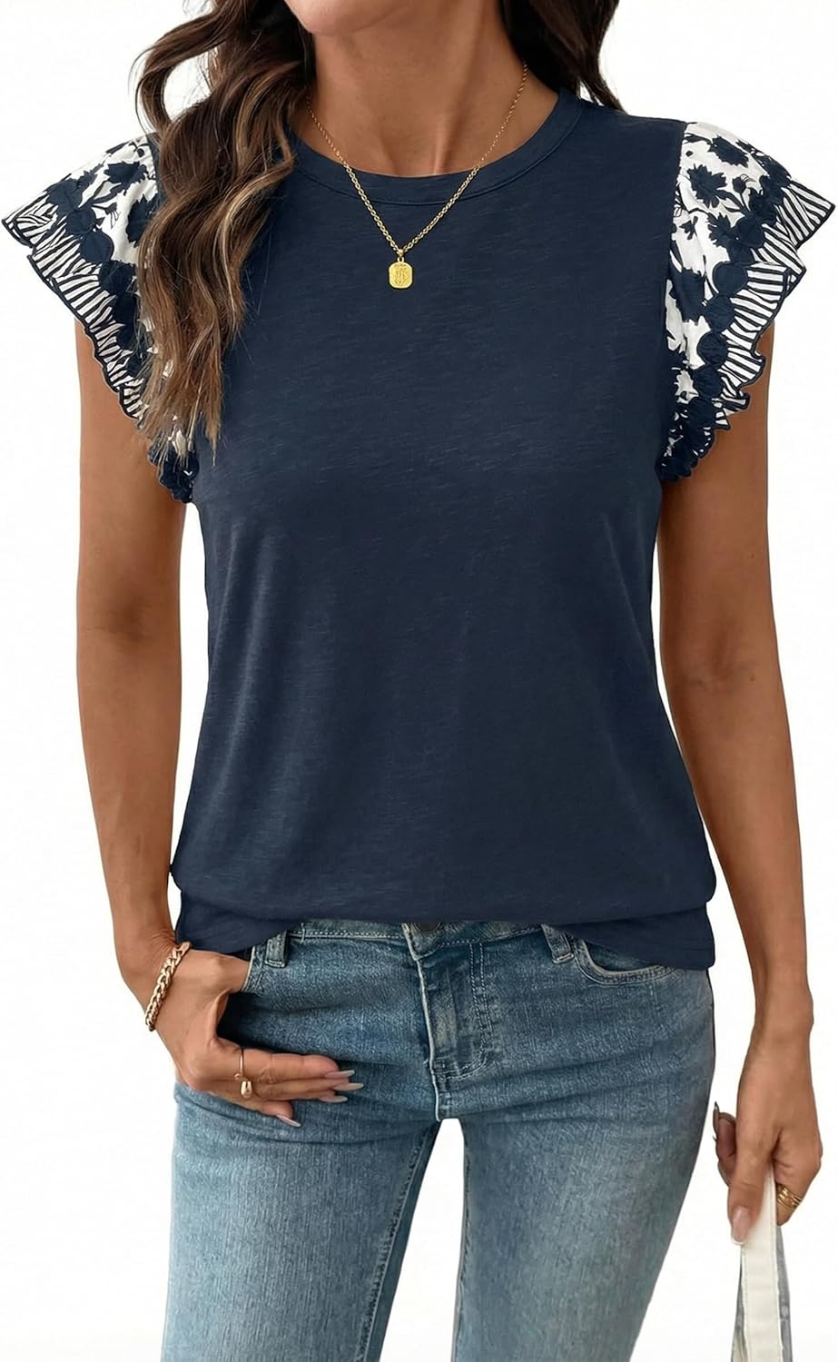 Acelitt Womens Summer Ruffle Short Sleeve Top Crewneck T Shirts Boho Floral Trim Casual Blouses