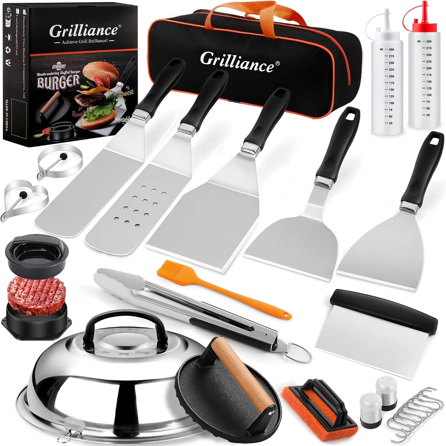 27pcs Griddle Accessories Kit for Blackstone, Professional Hibachi Flat Top Grill Tools, Enlarged Spatula Gift Set with Basting Cover，Burger Press Patty Maker for Outdoor BBQ Teppanyaki