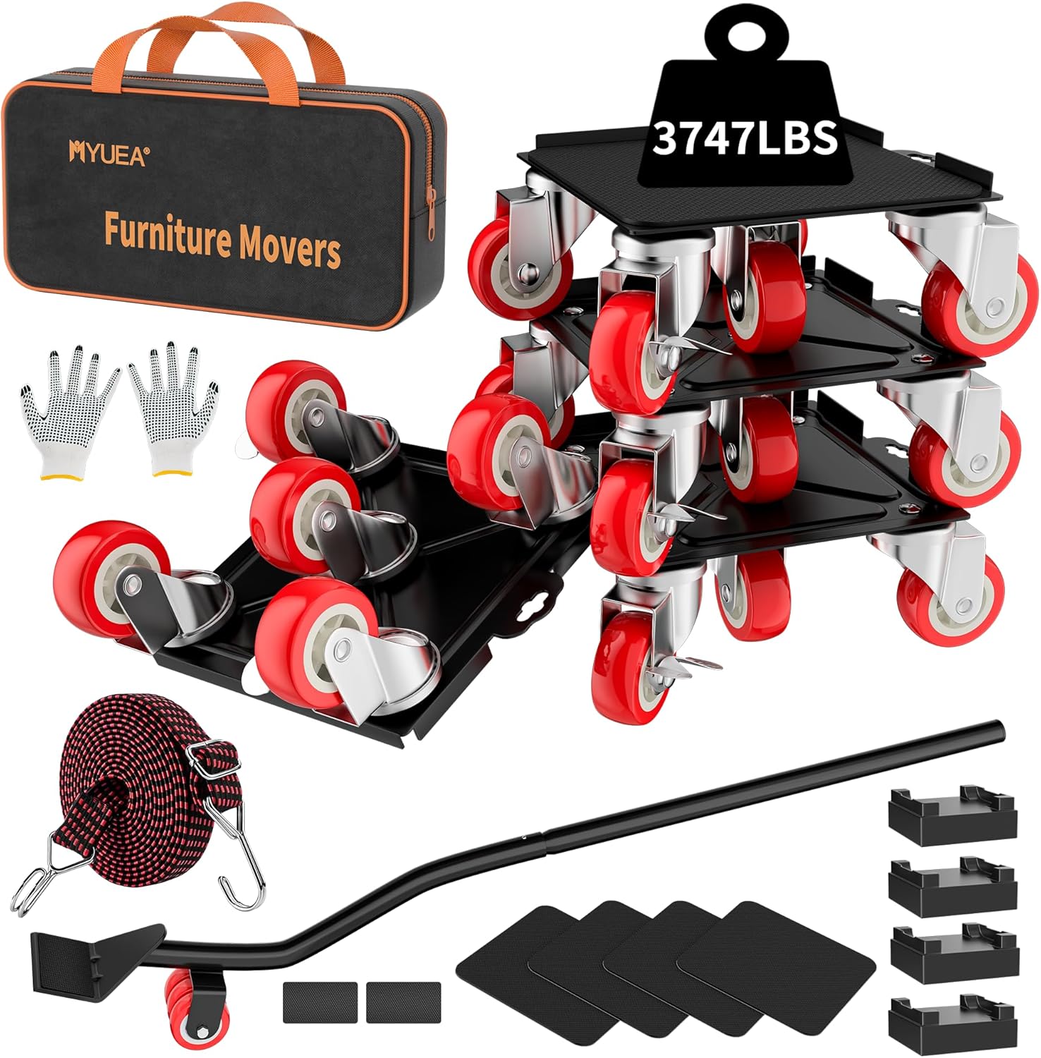 MYUEA Furniture Dolly,Furniture Movers with 5 Wheels,Carbon Steel Panel Heavy Duty Dolly,Maximum Load 3747 LBS,Furniture Lifter with 5 360° Rotatable Rubber Universal Wheels(Black,8.26x7.87 in)