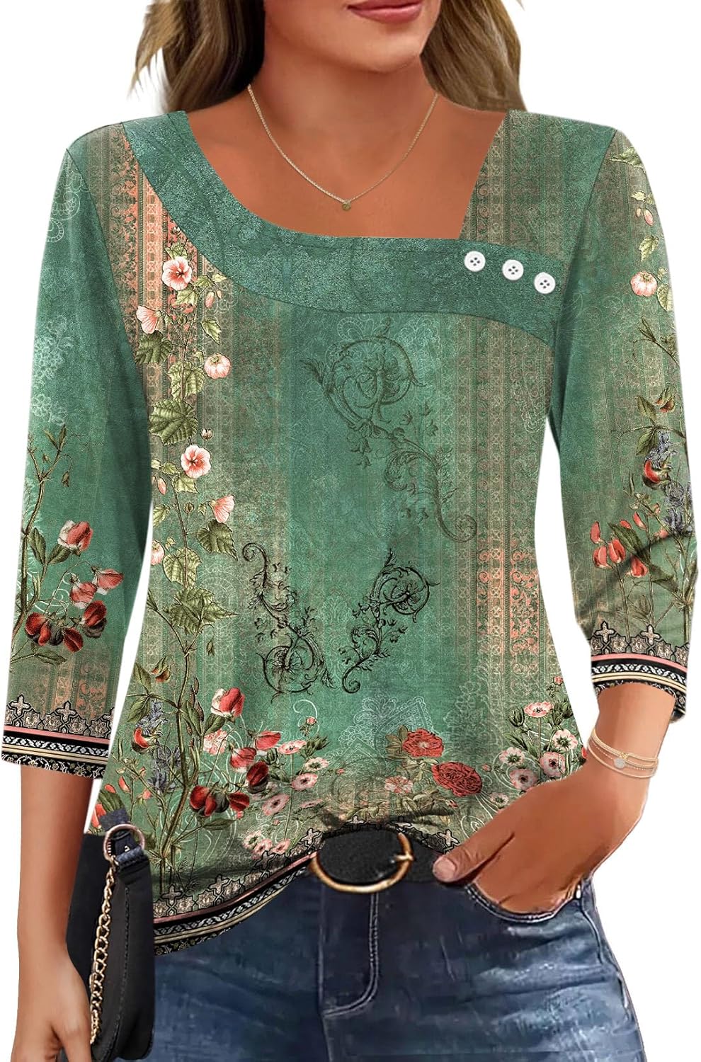 LOMON Womens 3/4 Length Sleeve T Shirts Asymmetrical Neck Tops Business Blouses for Women Fashion 2026