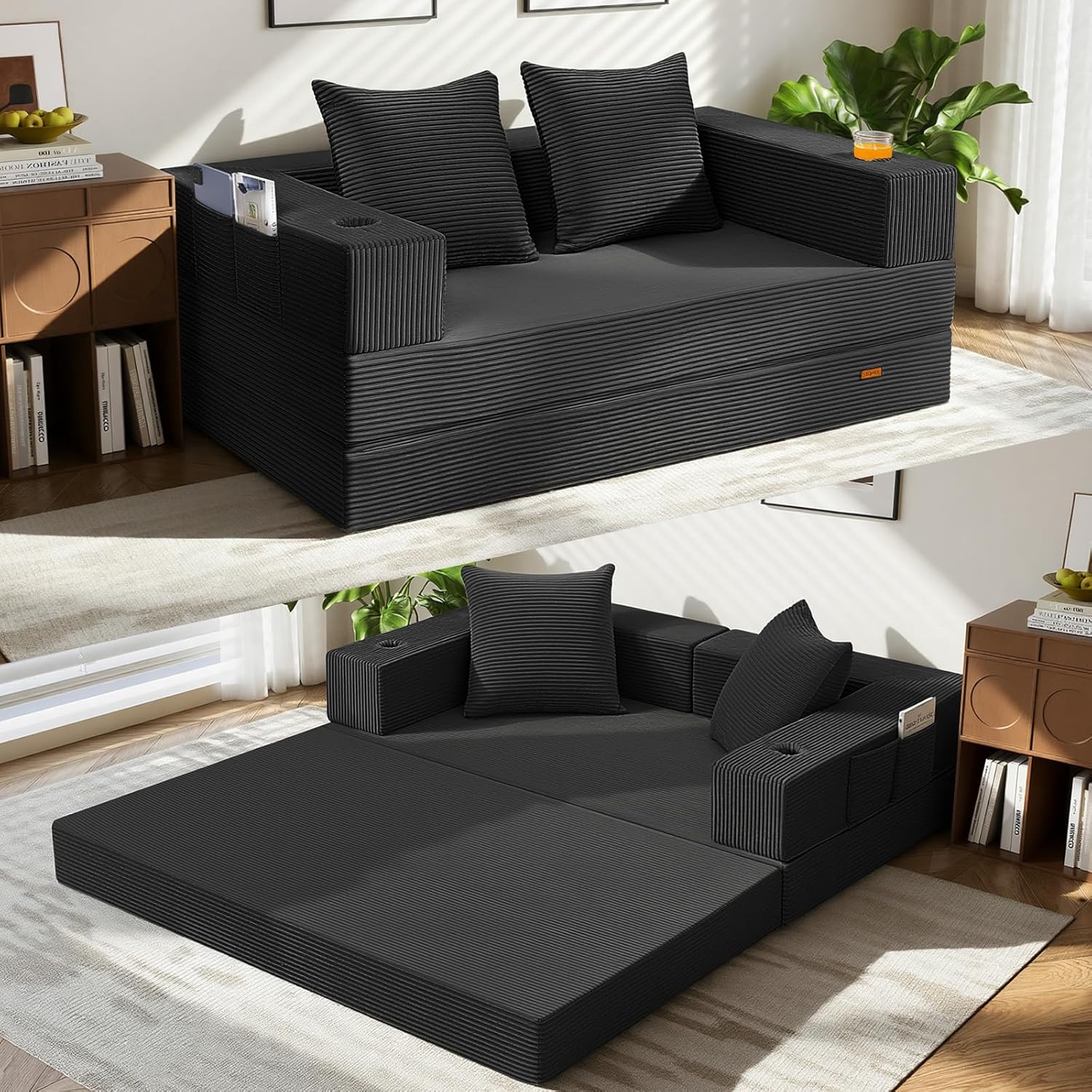 COMAX Futon Sofa Bed, Convertible Sofa Bed, Folding Boneless Couches | Low-Profile Boneless Couch for Living Room, 11.8" H Low Seat Small 59" Foldable Floor Sleeper Mattress Lounge Space‑Saving