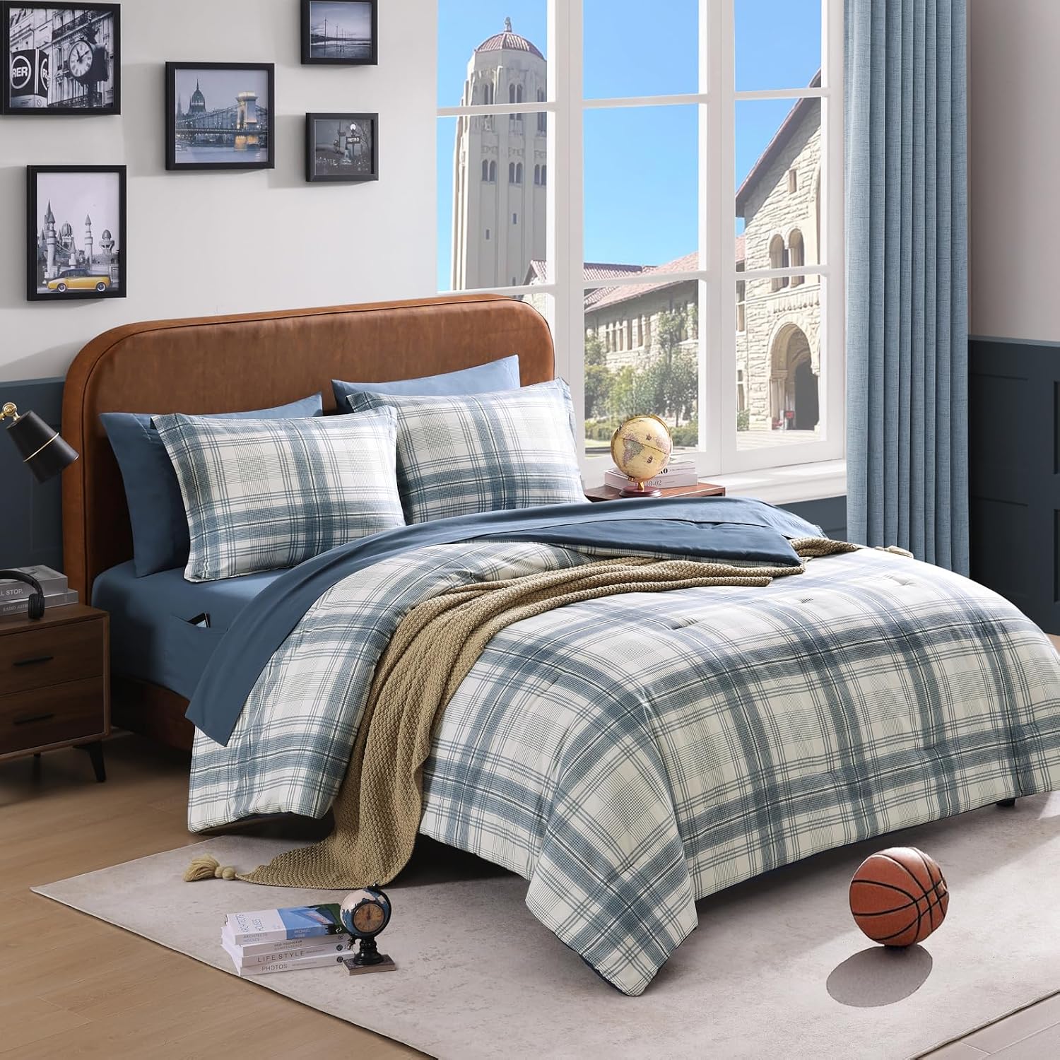 Plaid Full Size Comforter Set Blue Grey 7 Pieces Farmhouse Bed in a Bag | Lightweight Bedding Sets for Boys Girls Teen with Sheets, Pillowcases & Shams
