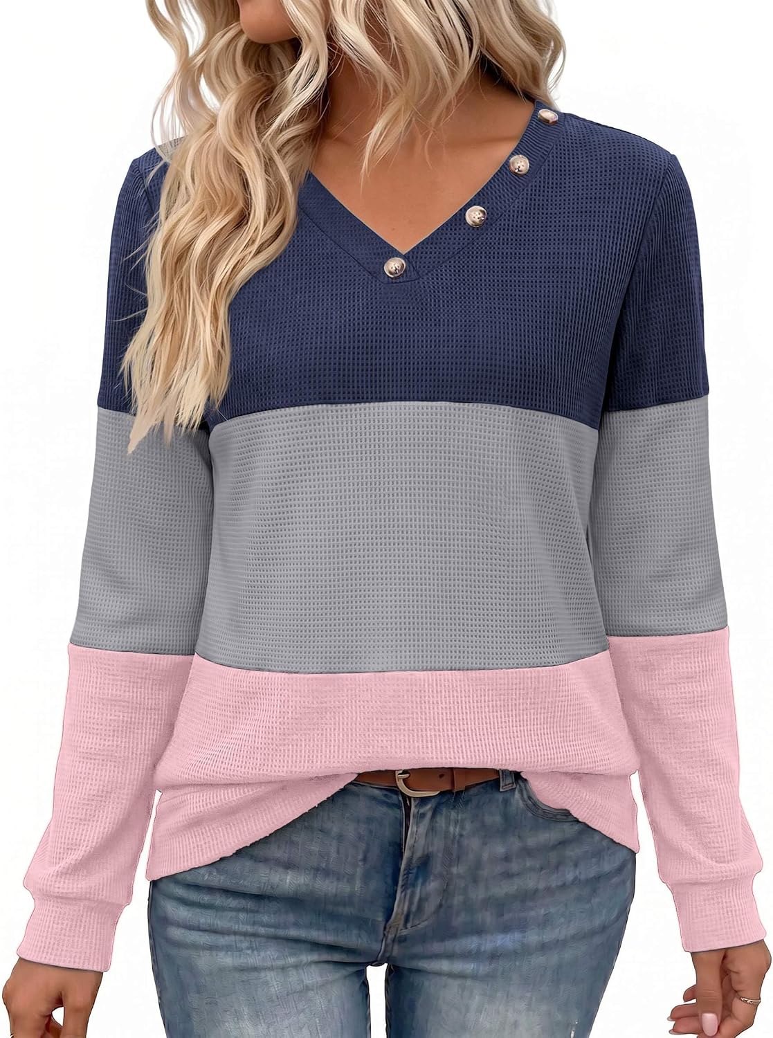 Zeagoo Women Waffle Knit Tops V Neck Long Sleeve Tunics Color Block Casual Blouse Fall Fashion 2026 Button Decor T Shirt