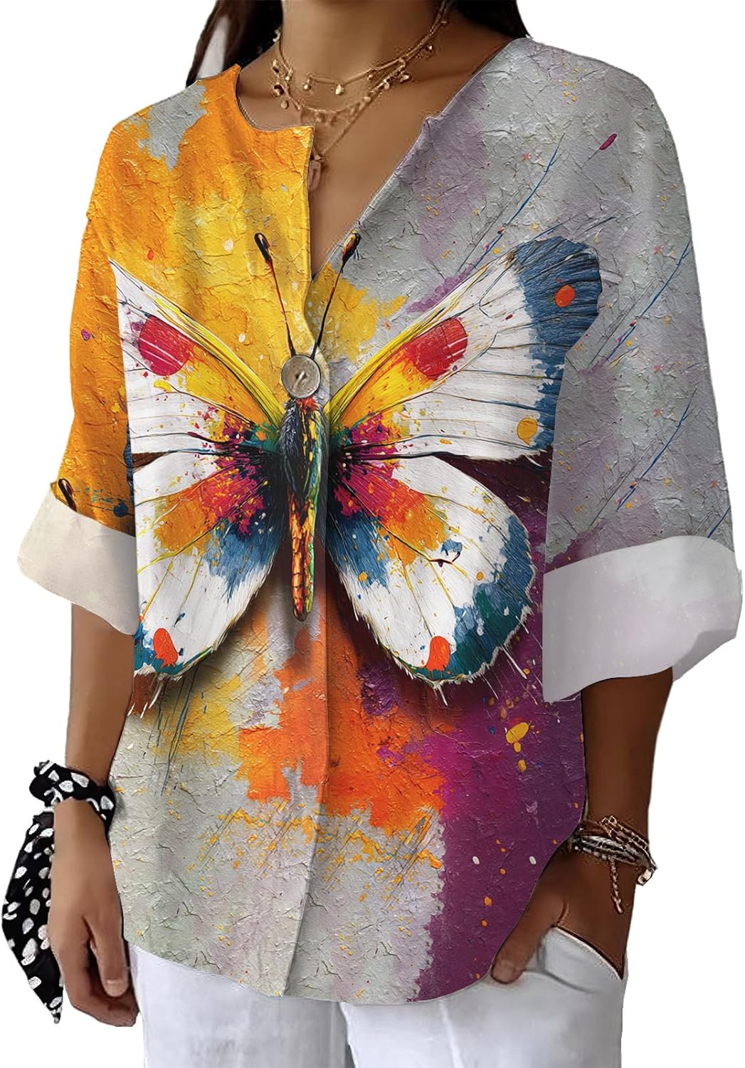 3/4 Length Sleeve Womens Tops Butterfly Print Oil Painting Flower Shirt Loose Fit Casual V Neck Button Summer Blouse