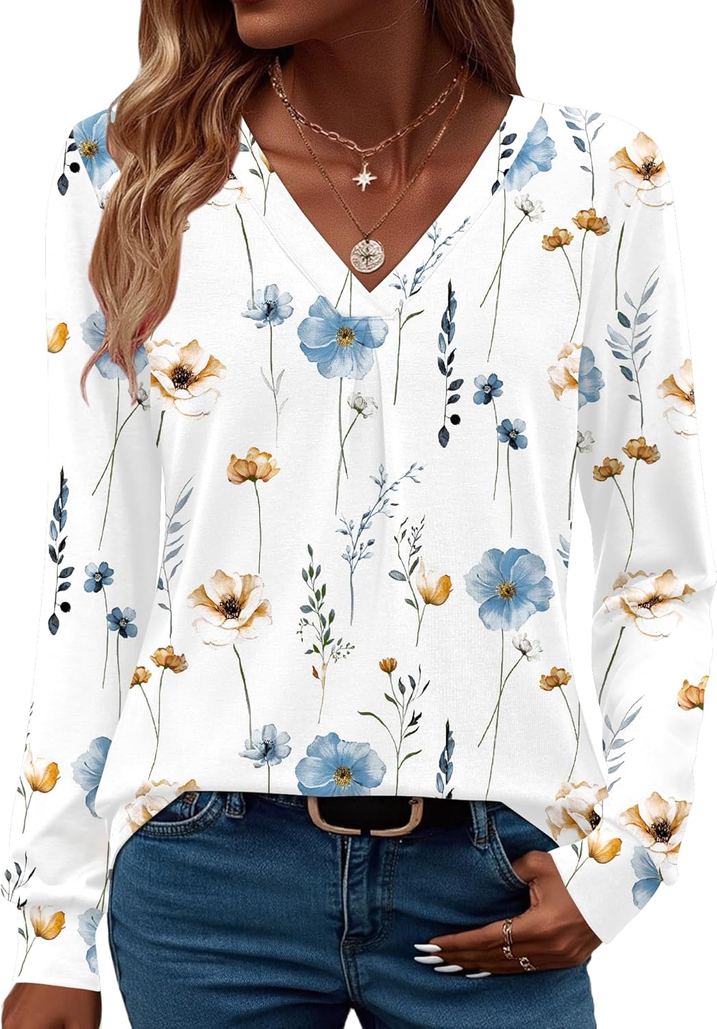 LUYYA Women's Long Sleeve Pleated V Neck Blouse Business Casual Tunic Top Loose Fit Work Shirt