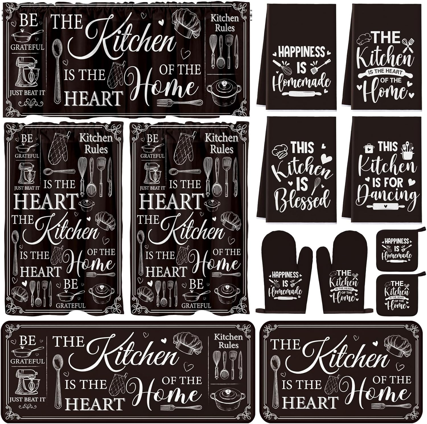 Fourluoo 13 Pcs Farmhouse Kitchen Decor Set 4 Black Kitchen Towels 2 Nonslip Rugs and Mats 3 Modern Curtains Valance 2 Pot Holders 2 Oven Mitts for Home Decoration Mom Cooking Grilling Gift