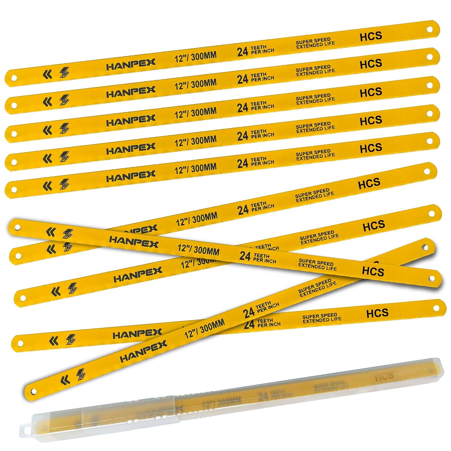 Hanpex Hacksaw Replacement Blades (10 Pack) High Speed 24 TPI - 12" Length Hack Saw Blade - High Carbon Steel (HCS) Cutting Blades