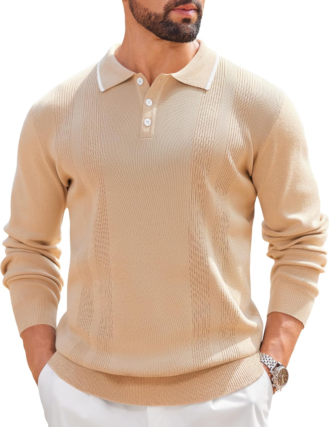 COOFANDY Mens Knit Polo Sweaters Long Sleeve Vintage Polos Casual Dress Pullover Old Money Tops