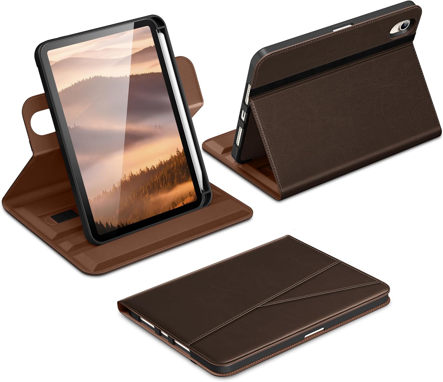 DTTO for iPad mini 7 A17 Pro 2024, aslo fit iPad mini 6 2021, Dark Brown | 360 Degree Rotating Premium Faux Leather Folio Stand Cover with Pencil Holder, Auto Sleep/Wake, Multiple Angles, Hand Strap
