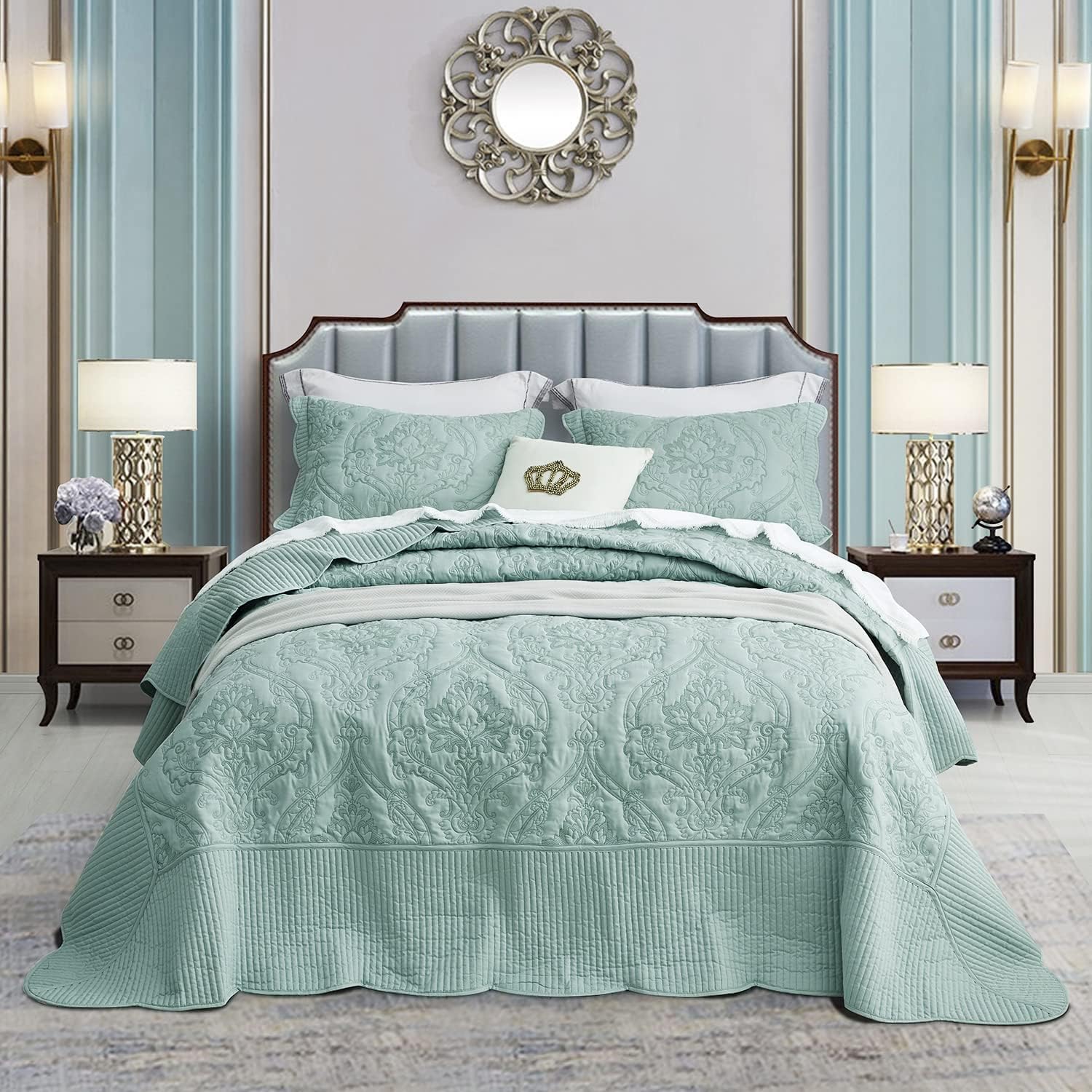 CHIXIN Bedspread Coverlet Set Queen Size - Lightweight Bedding Cover - Beautiful Stitching - 5 Piece Reversible Bedspread - Gorgeous Damask Paisley Pattern (Queen, Seaglass)