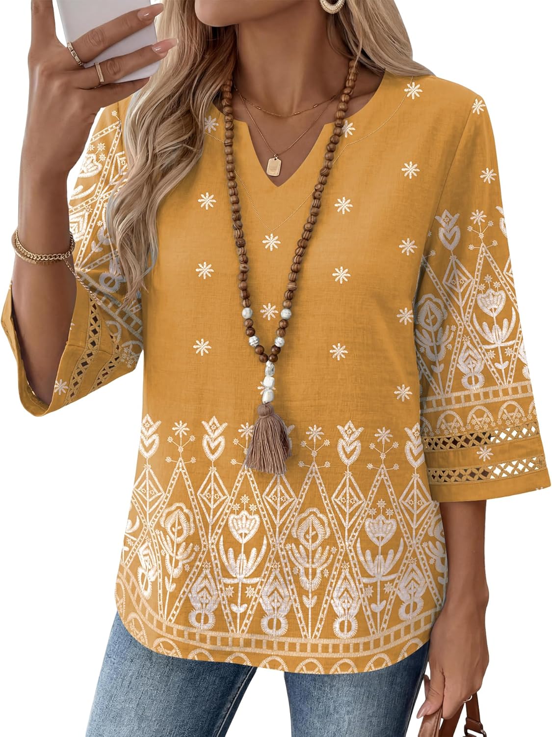 LOMON Womens 3/4 Sleeve V Neck Bohemian Blouses Casual Loose Fit Tunic Tops Vacation Clothes