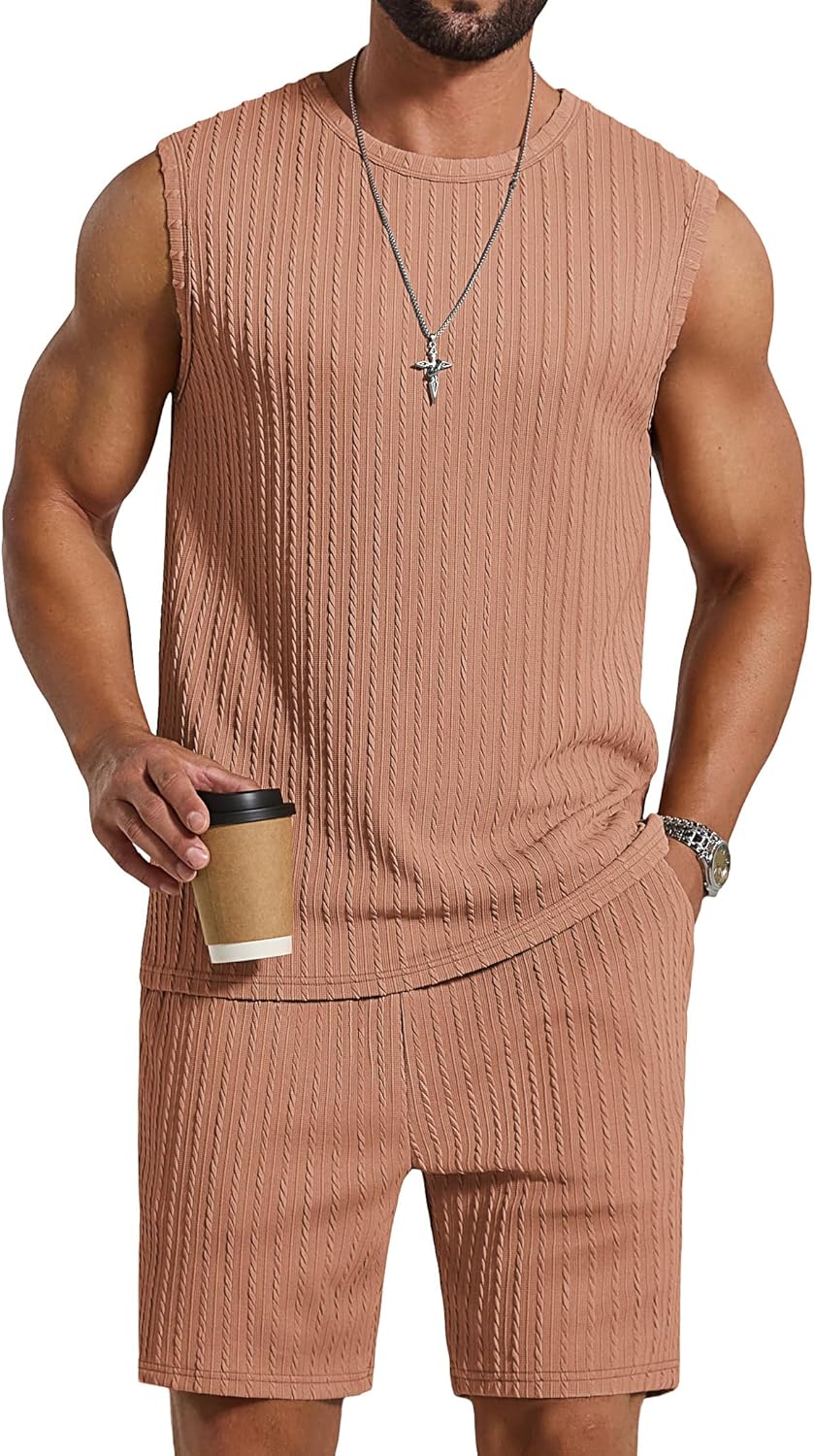 COOFANDY Men's 2 Piece Outfits Beach Knit Jacquard Sleeveless Shirt and Shorts Sets Summer Athletic Vacation Set