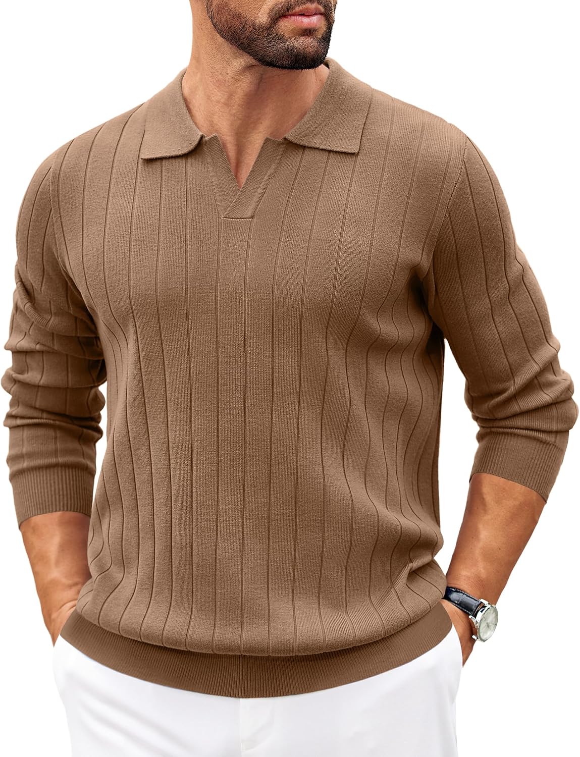 COOFANDY Mens Sweaters Polos Long Sleeve V Neck Knit Polo Lightweight Casual Pullover Sweater