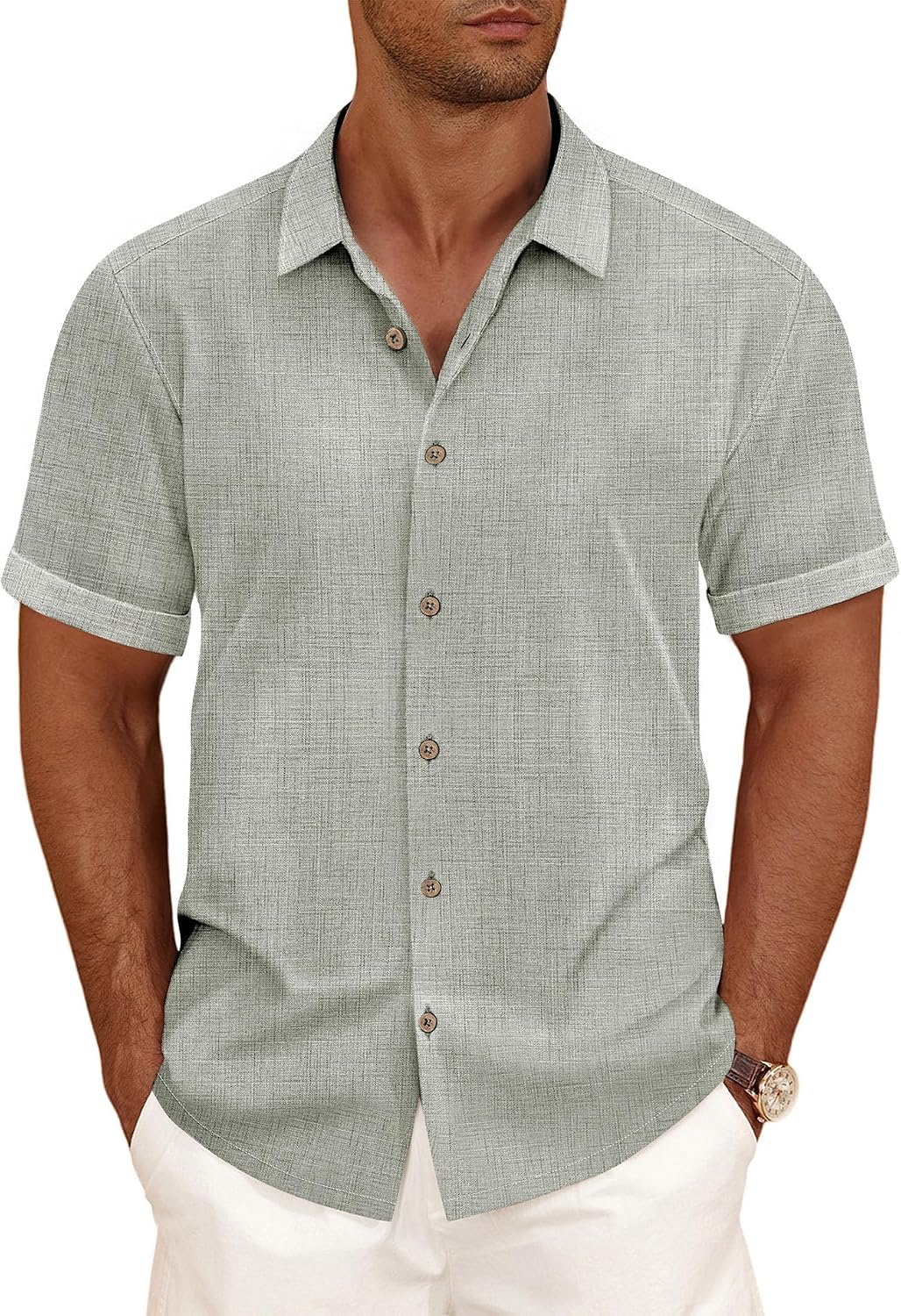 CURBODO Linen Blend Shirts for Men Casual Short Sleeve Button Down Shirt Cool Summer Beach Wedding Vacation Tops
