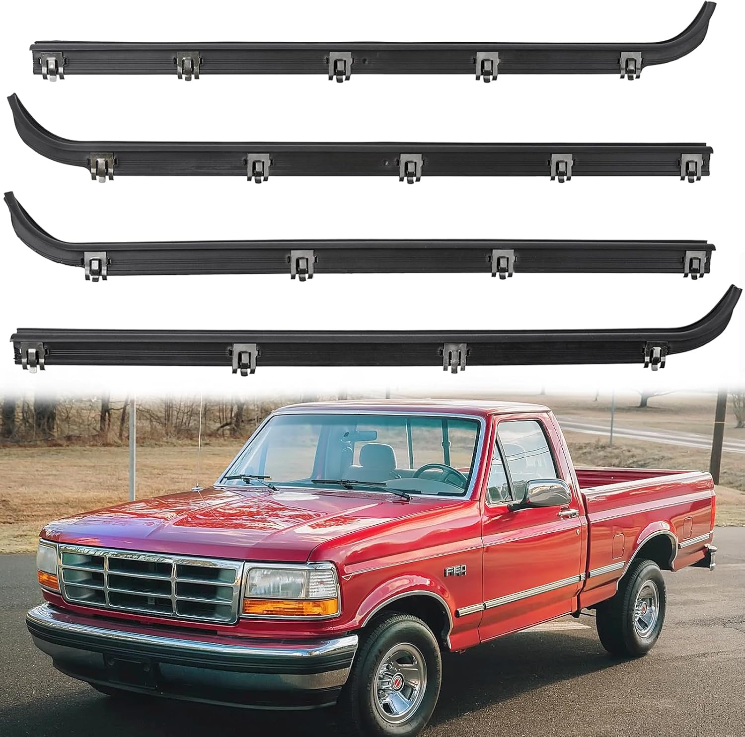4PCS, Weatherstrip Felt Trim, Ford, E7TZ1521452A E7TZ1521453A F2TZ1521456A | Front Inner Outer Window Molding Sweep Seal Kit Compatible with F-150 F-250 F-350 Bronco 1987-1997