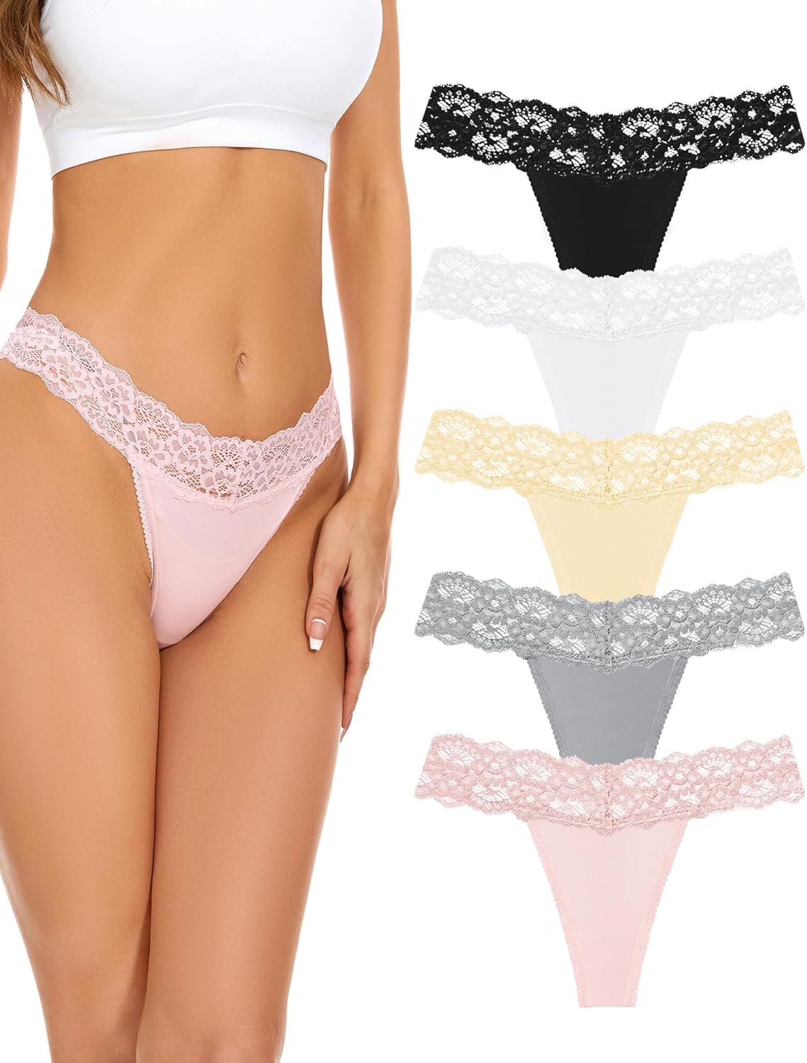 voenxe Seamless Women Thong,No Show Lace Underwear,Cotton-Like Soft Undies | 5 Pack Invisible Ladies Lacy Band Breathable Athletic Thongs, Comfortable Mid Rise No Seam Tangas, Comfy Gym Workout Panty