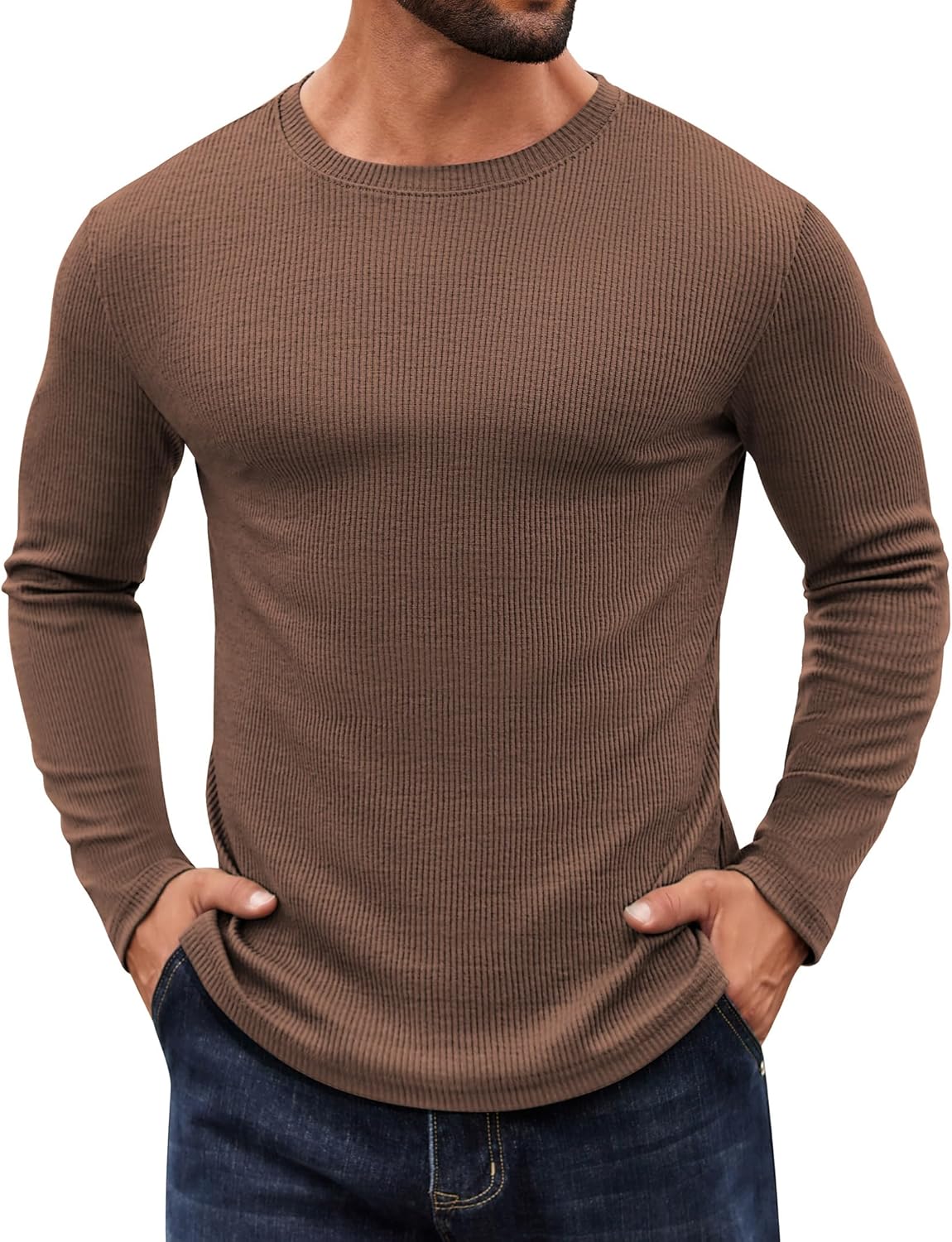 COOFANDY Crewneck Sweaters for Men Slim Fit Long Sleeve Pullover Tops | Stretch Ribbed Knit, Soft Touch Fabric, High Elasticity, Thermal Long Sleeve Tee Shirts