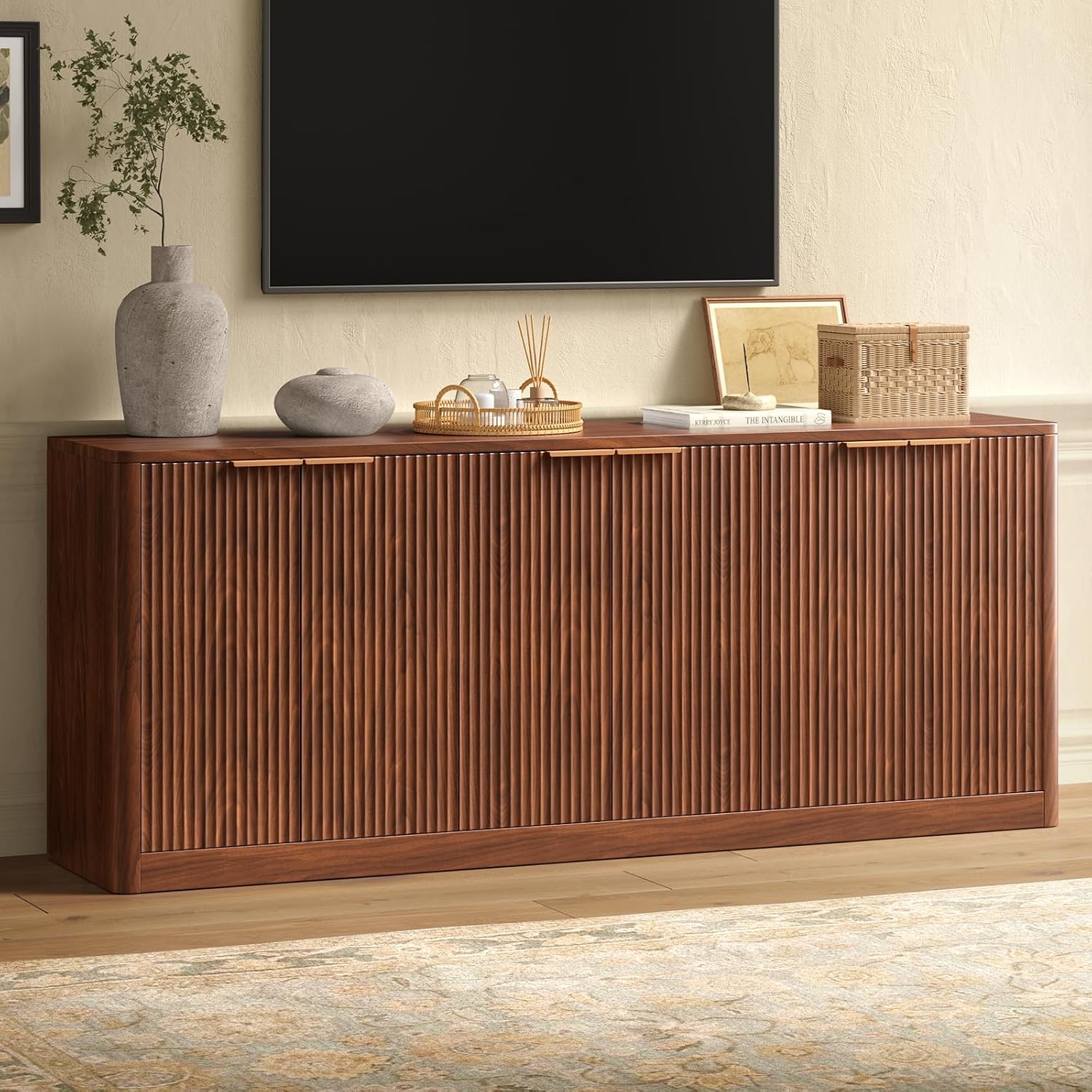 Evermagin 67" Walnut Fluted TV Stand for TVs up to 75" | Mid Century Modern Entertainment Center with Storage Cabinets and 6 Doors, Wood Media Console for Living Room or Bedroom