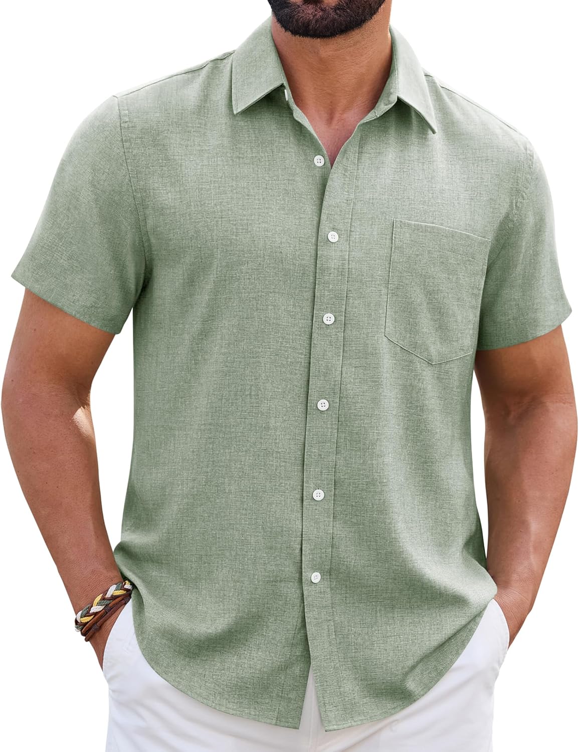 Mens Linen Shirt Short Sleeve Wrinkle Free Casual Untucked Button Down Shirts Beach Breathable Tops Summer