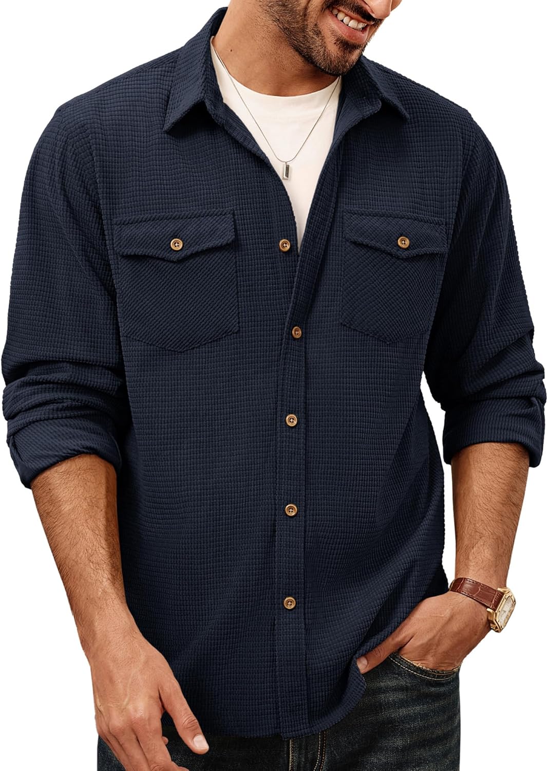 PJ PAUL JONES Mens Button Down Waffle Long Sleeve Shirt | Wrinkle Free Untucked Shirts, Waffle Textured, Lightweight, Breathable, Wear-Resistant Overshirt with Flap Pockets