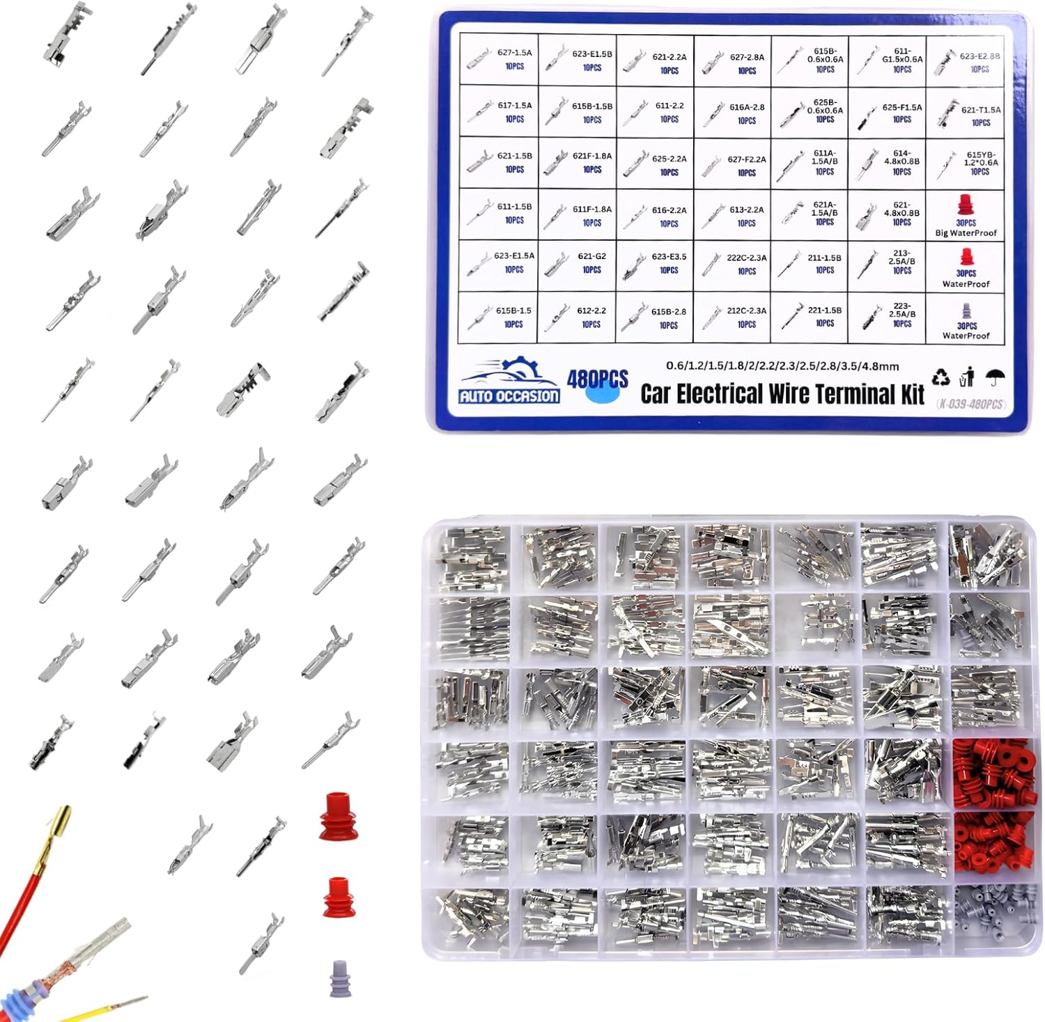 480Pcs 39 Type Car Electrical Wire Terminal Pin Connector Kit 0.6/1.2/1.5/1.8/2/2.2/2.3/2.5/2.8/3.5/4.8mm Wire Terminal Pin Removal Male Female Crimp Pins Non-Insulated Plug
