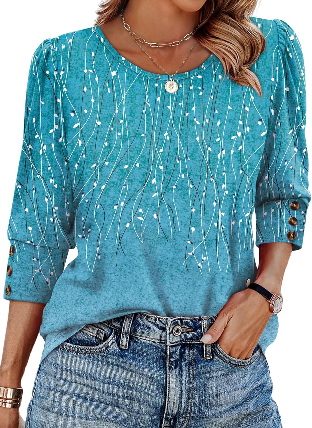 OFEEFAN Womens Tops 3/4 Sleeve with Buttons Dressy Casual Blouses Summer Outfits Beach Vacation Plus Size Spring Clothes